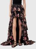 AllSaints Cavarly Floral Ruffle Maxi Skirt, Black/Multi