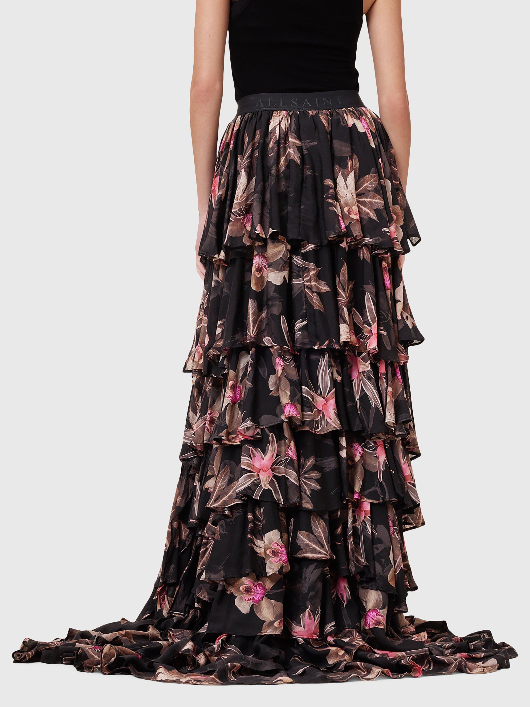 Product image 2 of 8, which shows AllSaints Cavarly Floral Ruffle Maxi Skirt, Black/Multi, 8