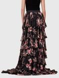 AllSaints Cavarly Floral Ruffle Maxi Skirt, Black/Multi