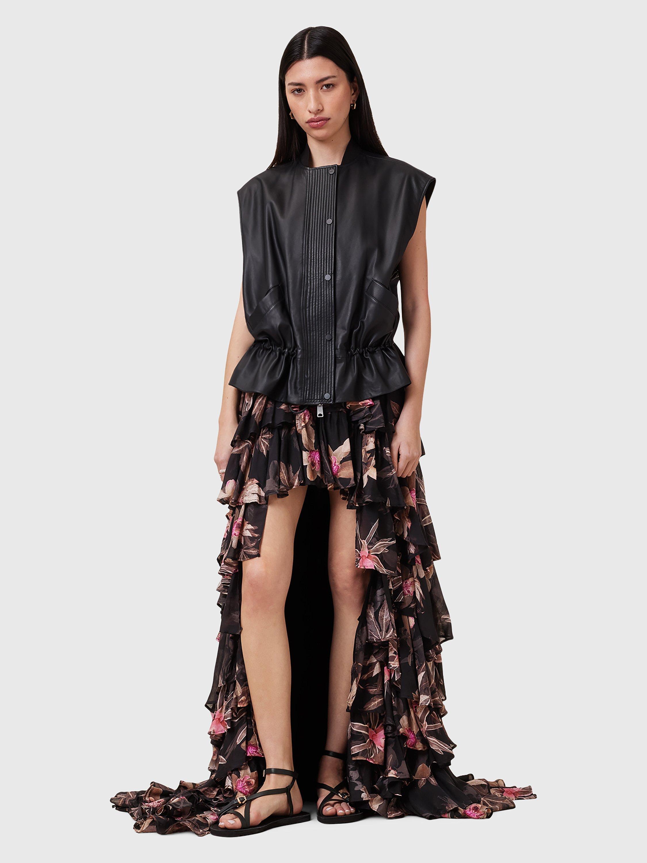 Product image 3 of 8, which shows AllSaints Cavarly Floral Ruffle Maxi Skirt, Black/Multi, 8