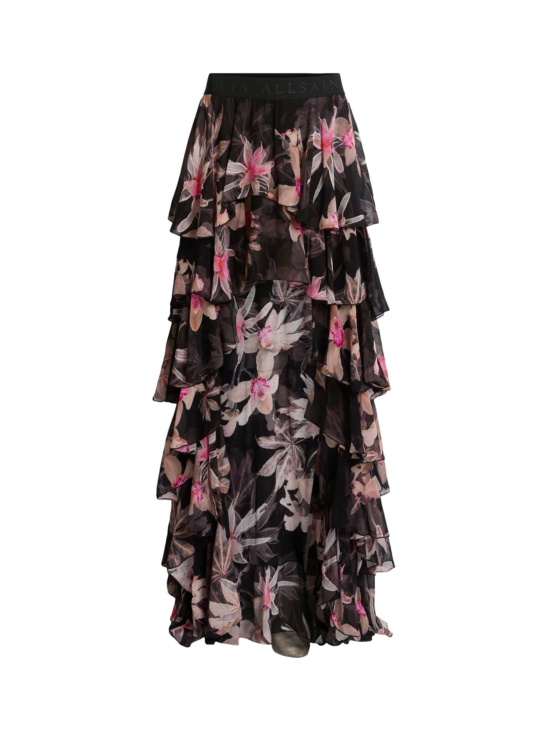 Product image 4 of 8, which shows AllSaints Cavarly Floral Ruffle Maxi Skirt, Black/Multi, 8