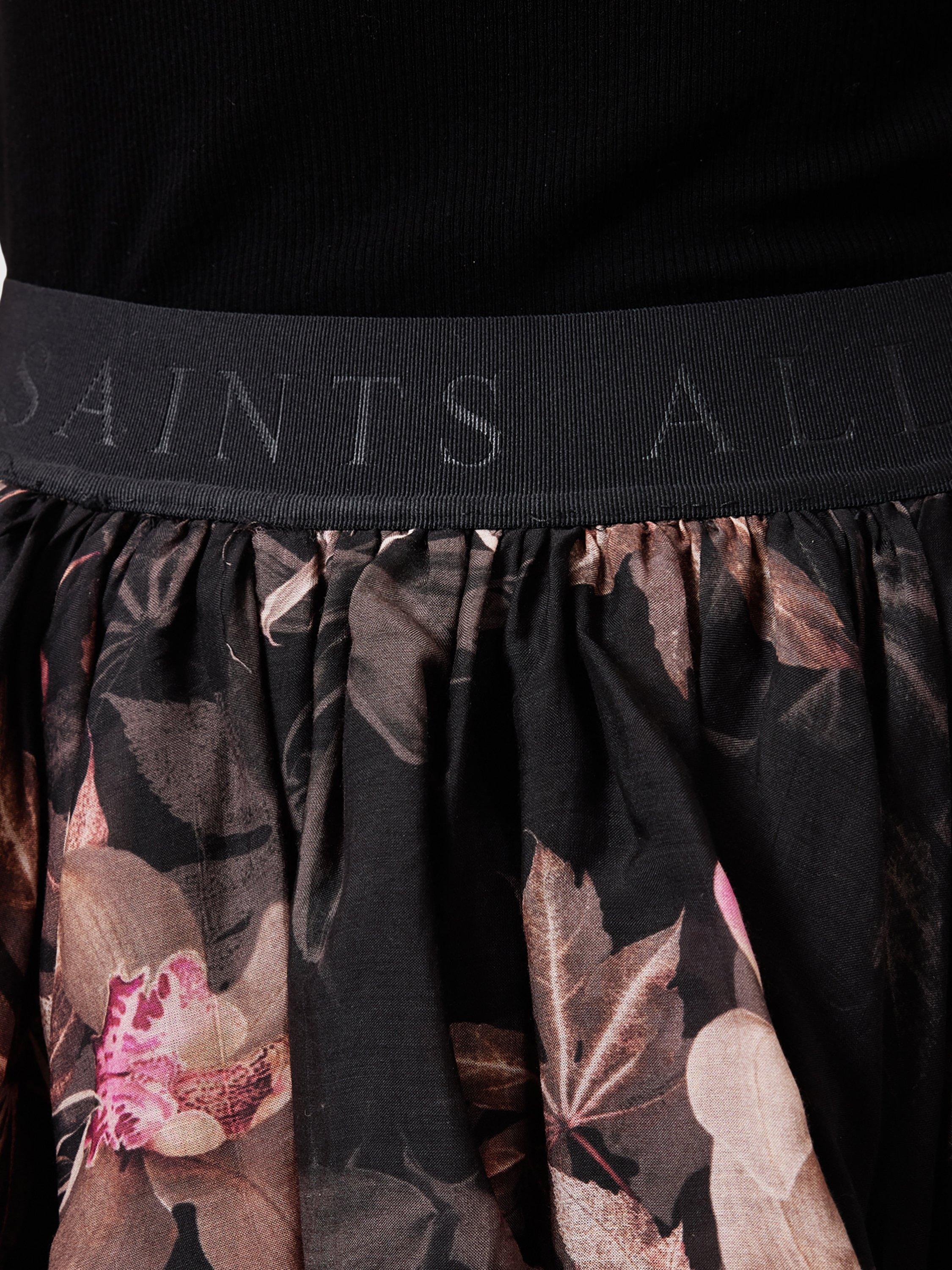 Product image 6 of 8, which shows AllSaints Cavarly Floral Ruffle Maxi Skirt, Black/Multi, 8