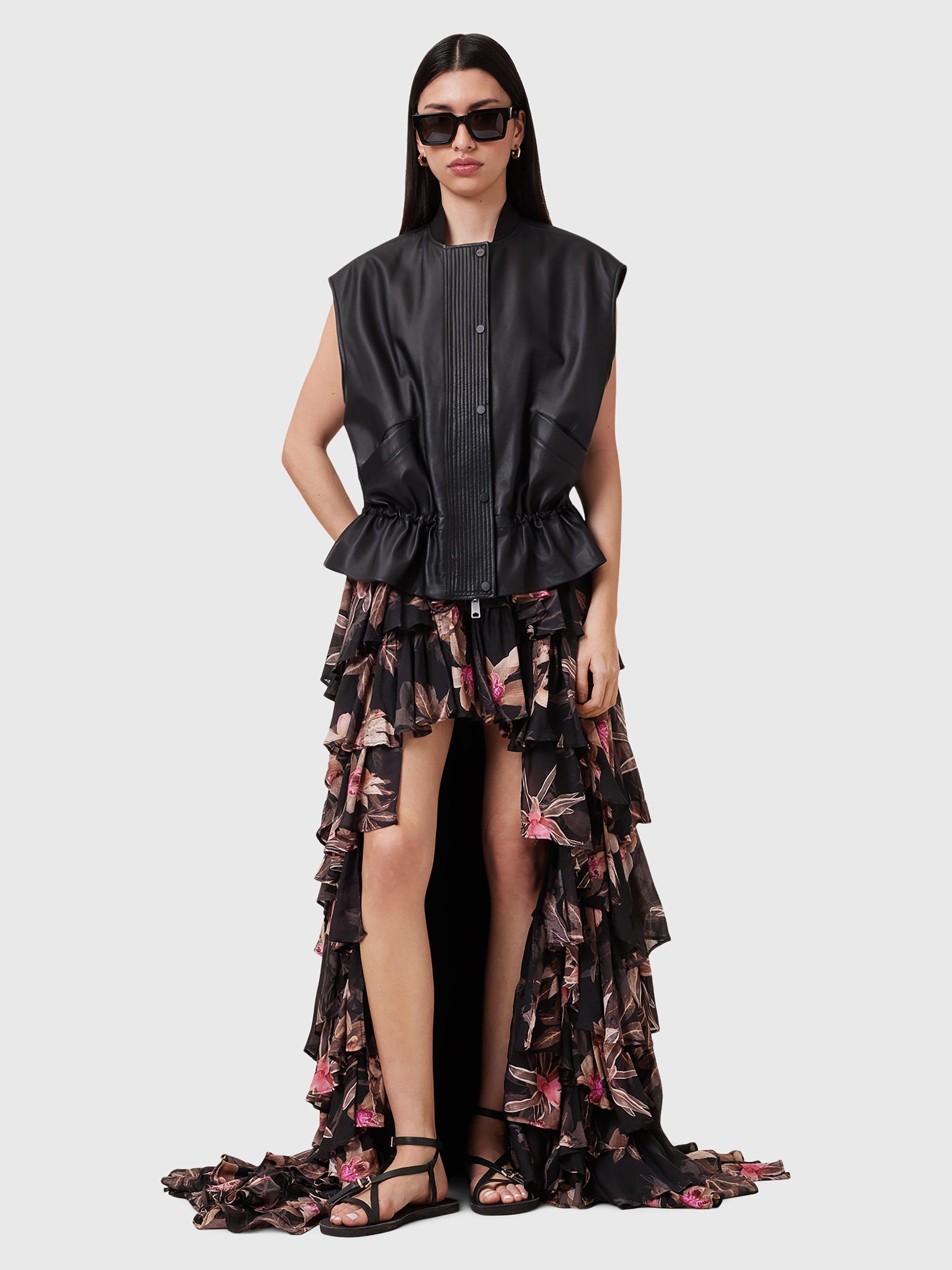 Product image 7 of 8, which shows AllSaints Cavarly Floral Ruffle Maxi Skirt, Black/Multi, 8