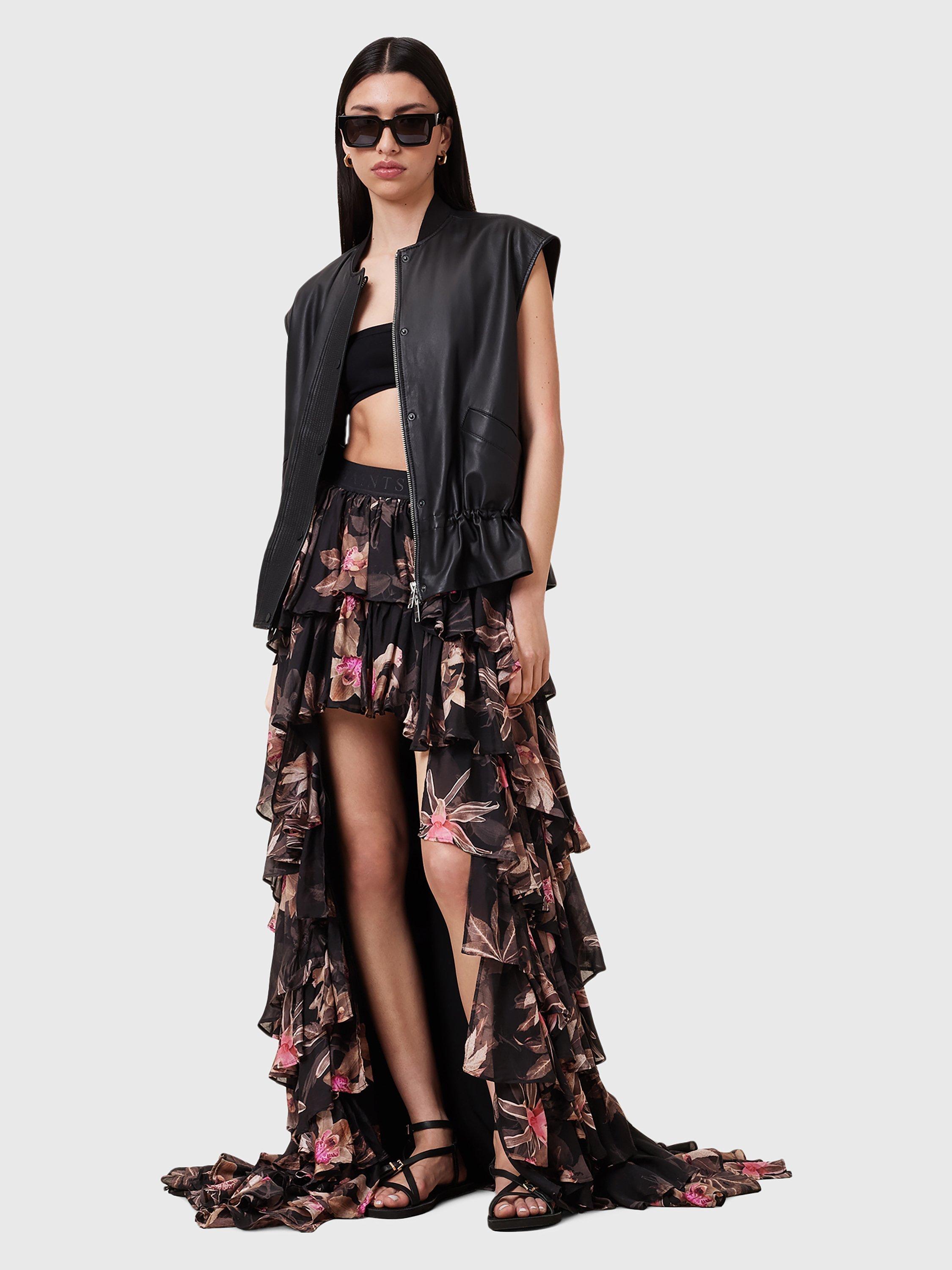 Product image 8 of 8, which shows AllSaints Cavarly Floral Ruffle Maxi Skirt, Black/Multi, 8