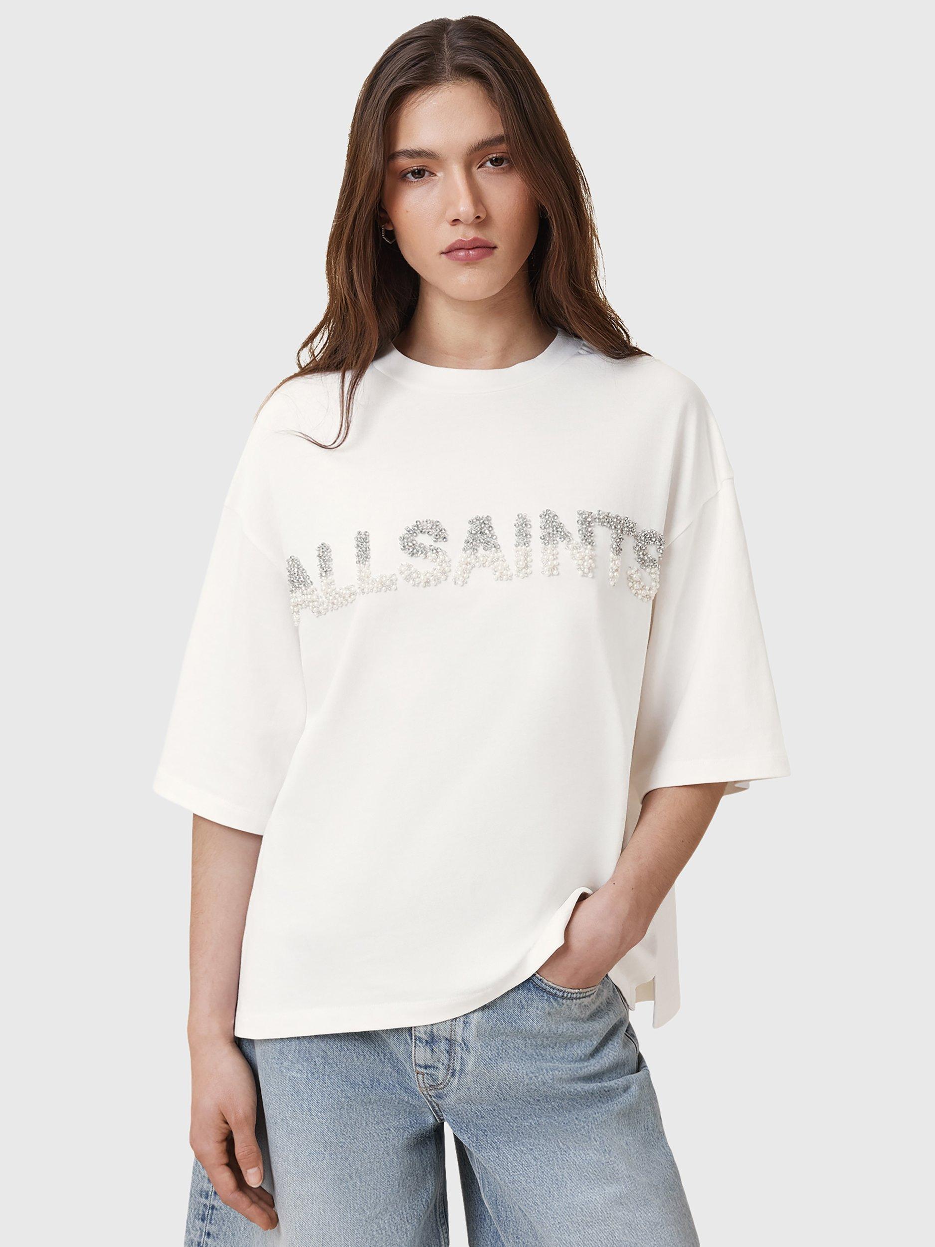 Product image 1 of 8, which shows AllSaints Amelie Pearl Logo Pure Organic Cotton T-Shirt, White Multi White, L