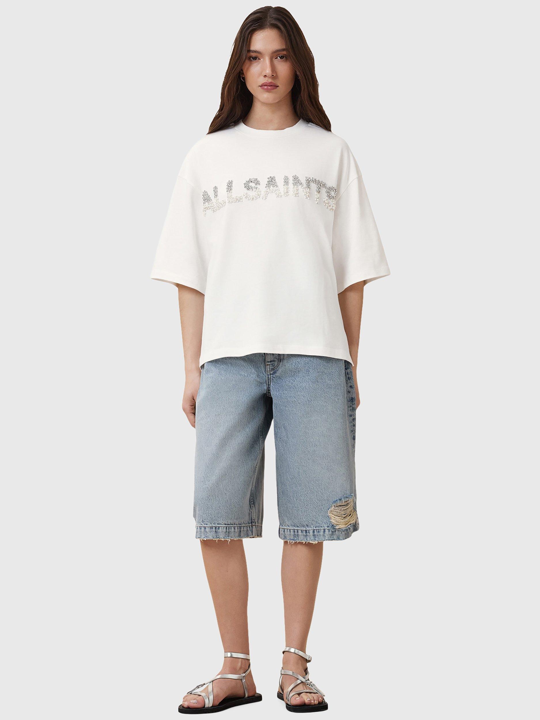 Product image 3 of 8, which shows AllSaints Amelie Pearl Logo Pure Organic Cotton T-Shirt, White Multi White, L