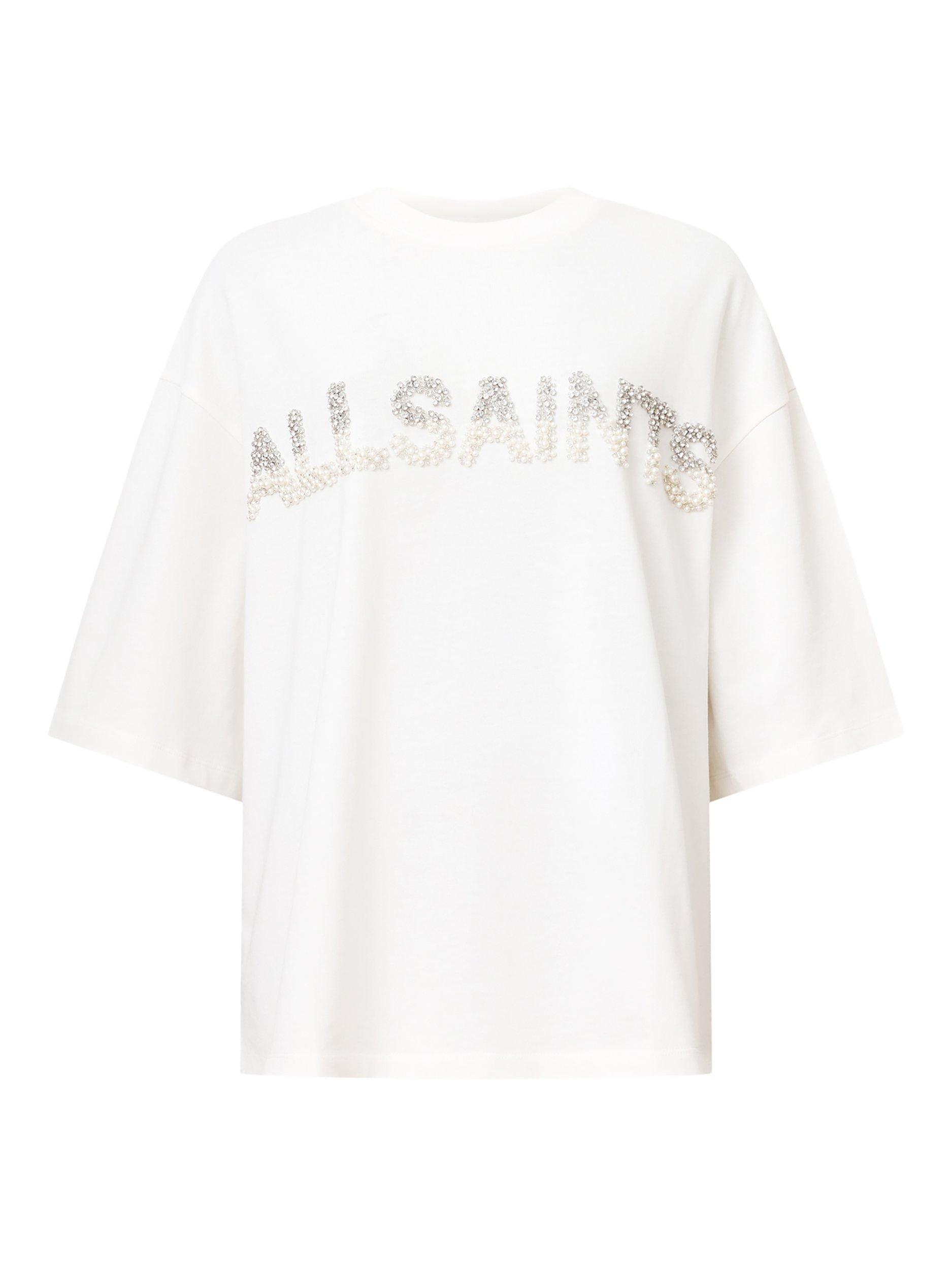 Product image 4 of 8, which shows AllSaints Amelie Pearl Logo Pure Organic Cotton T-Shirt, White Multi White, L