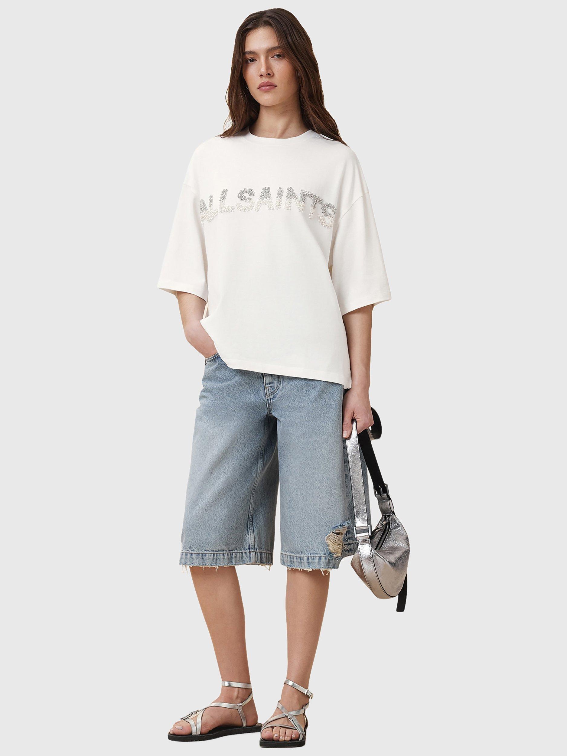 Product image 8 of 8, which shows AllSaints Amelie Pearl Logo Pure Organic Cotton T-Shirt, White Multi White, L