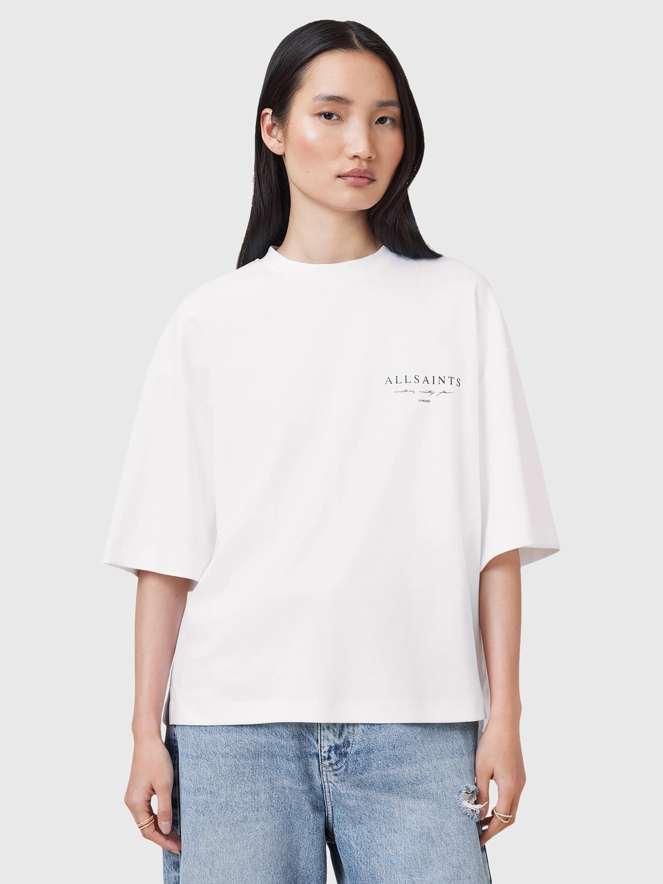 Product image 1 of 9, which shows AllSaints Aroma Amelie Back Graphic Pure Organic Cotton T-Shirt, White/Multi, S