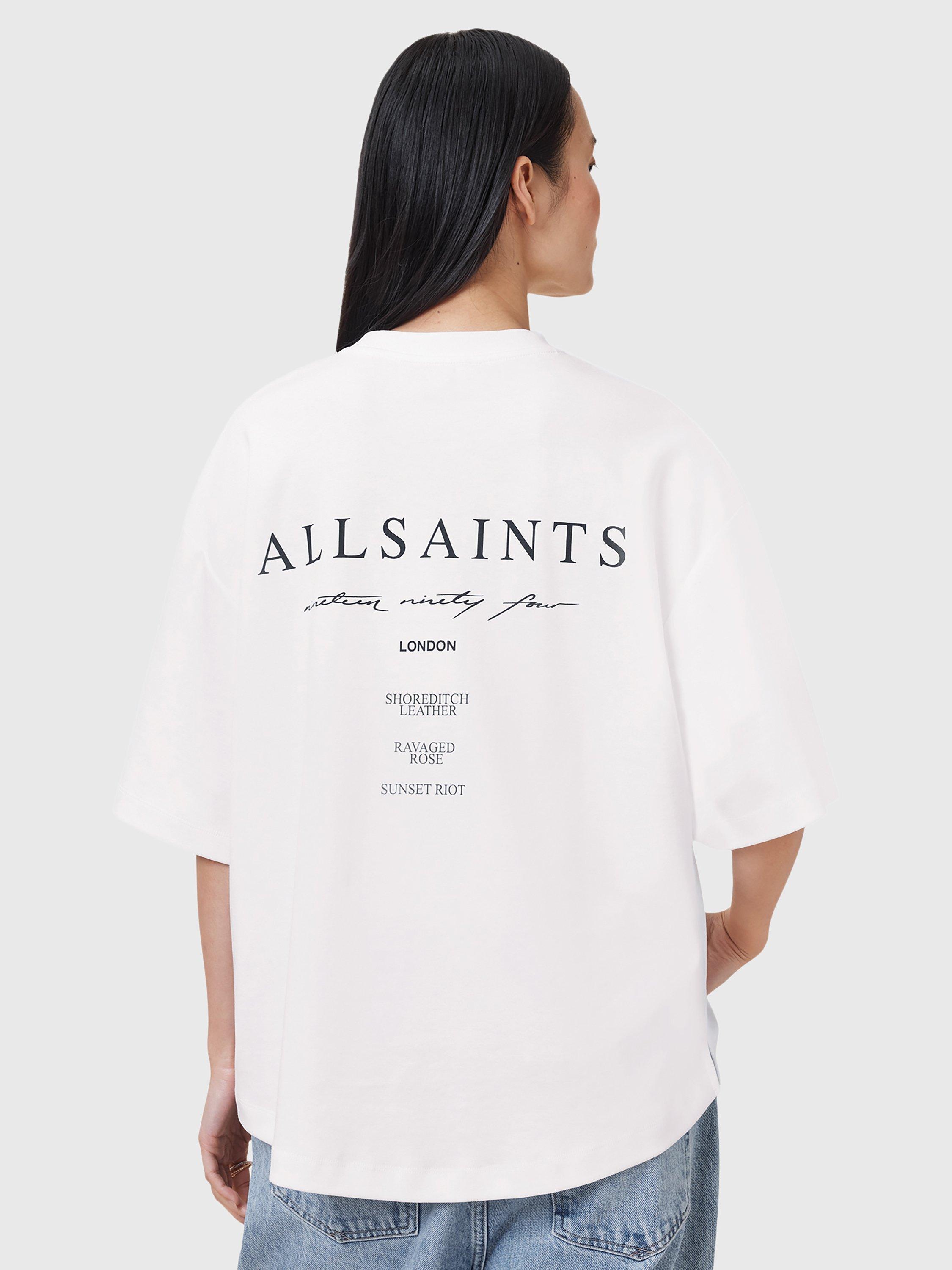 Product image 2 of 9, which shows AllSaints Aroma Amelie Back Graphic Pure Organic Cotton T-Shirt, White/Multi, S