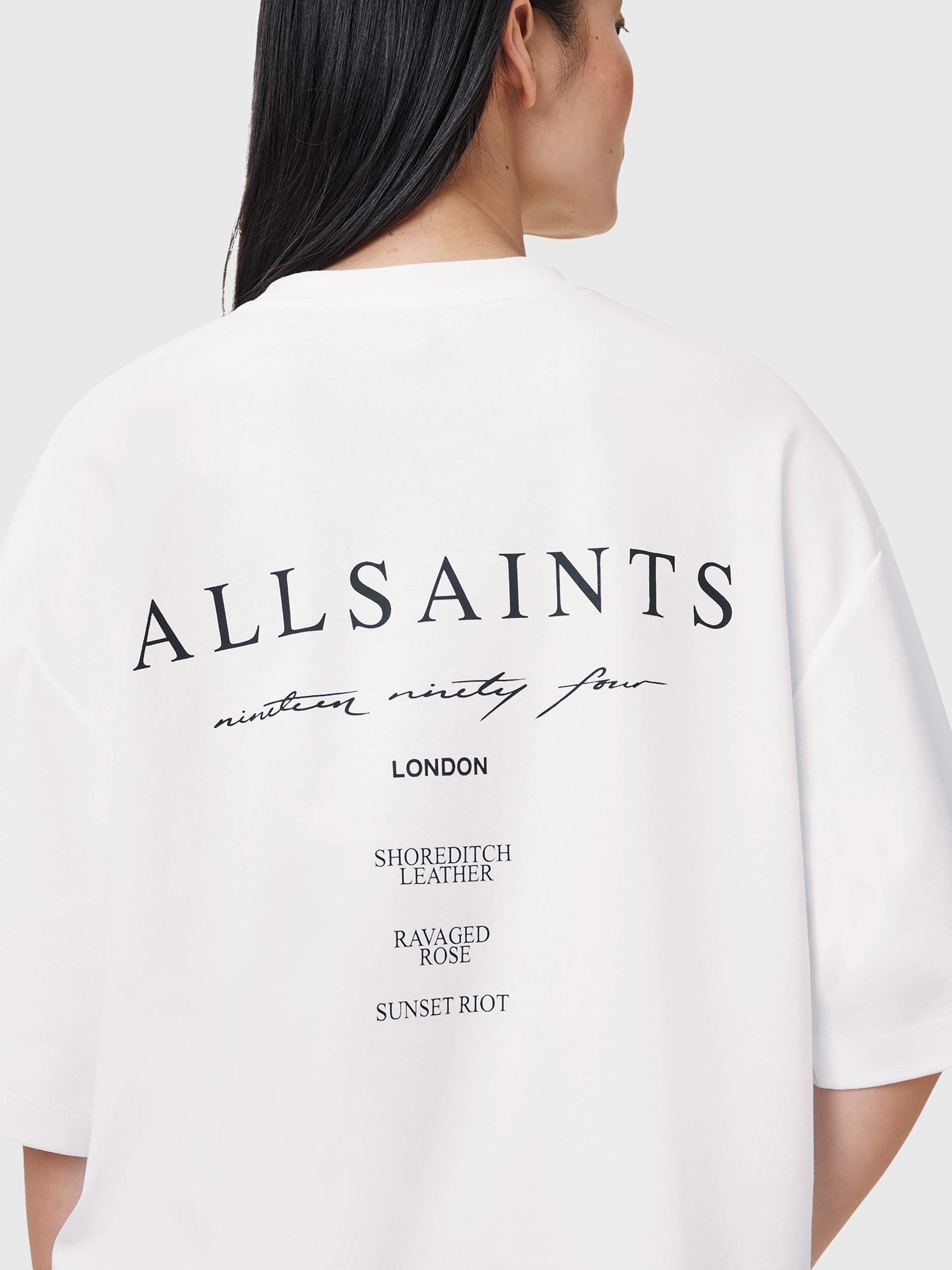 Product image 5 of 9, which shows AllSaints Aroma Amelie Back Graphic Pure Organic Cotton T-Shirt, White/Multi, S