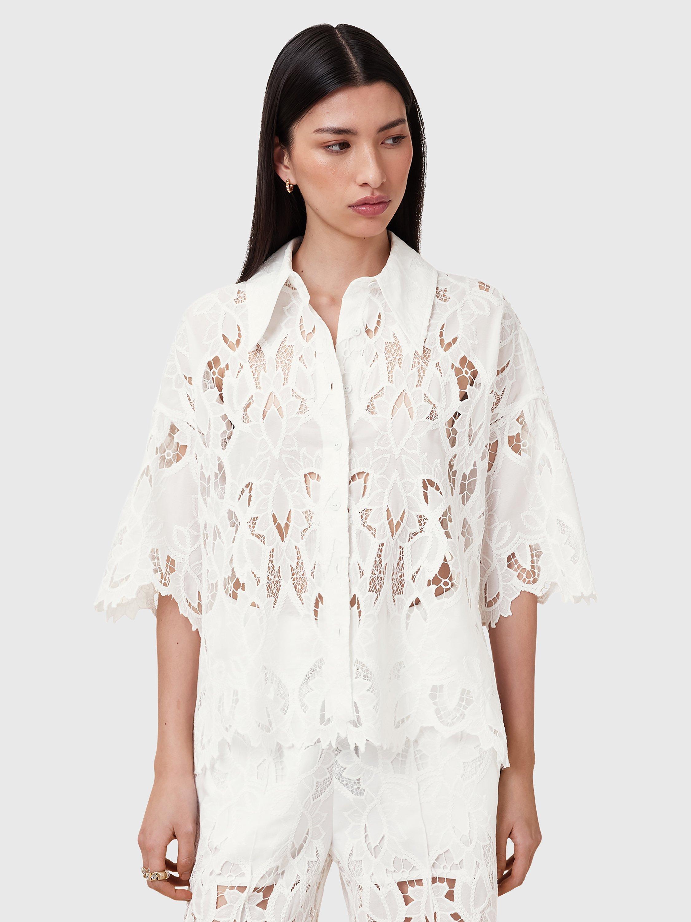 Product image 1 of 8, which shows AllSaints Charli Embroidered Cut Out Shirt, White, 6