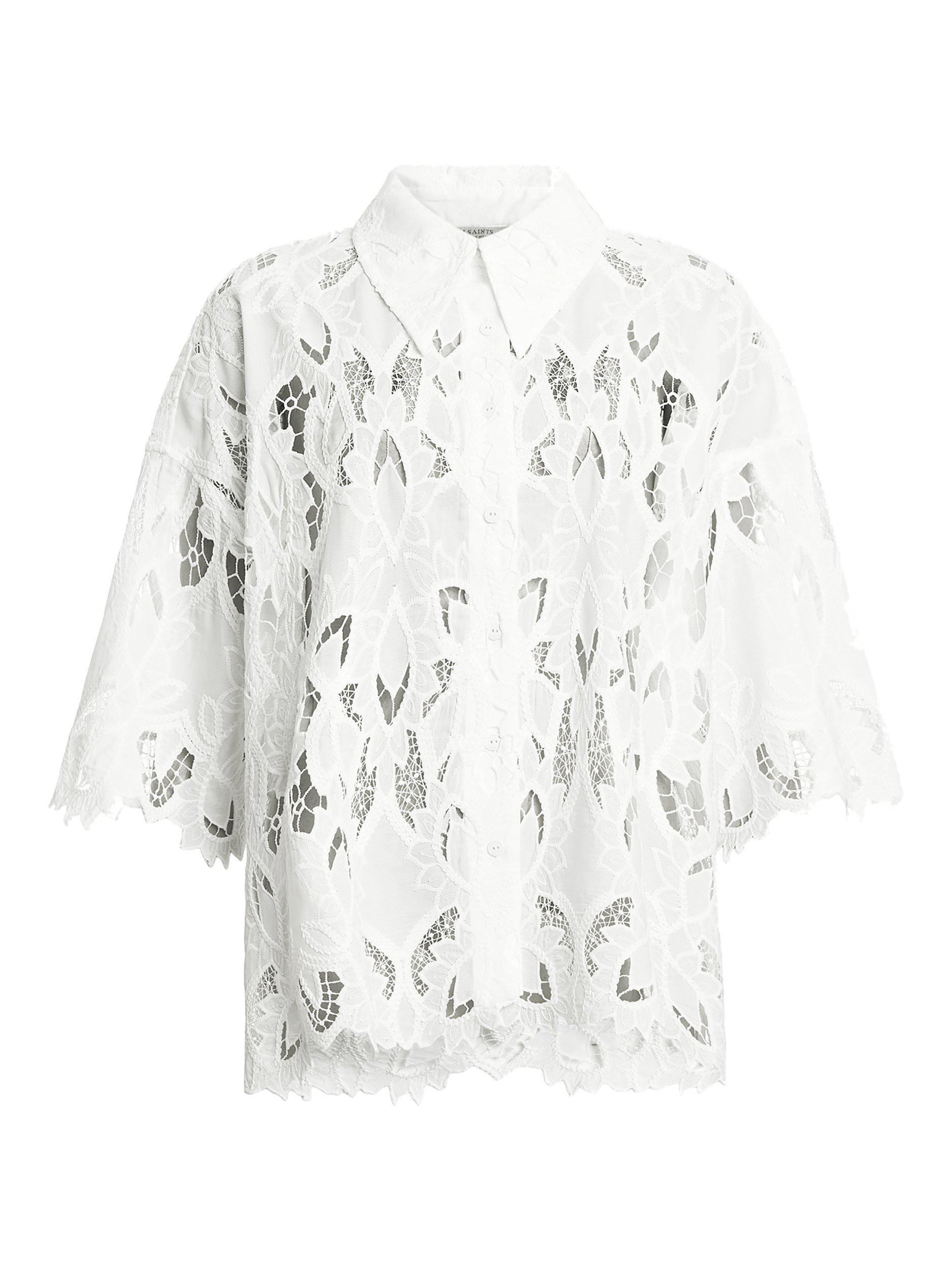 Product image 4 of 8, which shows AllSaints Charli Embroidered Cut Out Shirt, White, 6