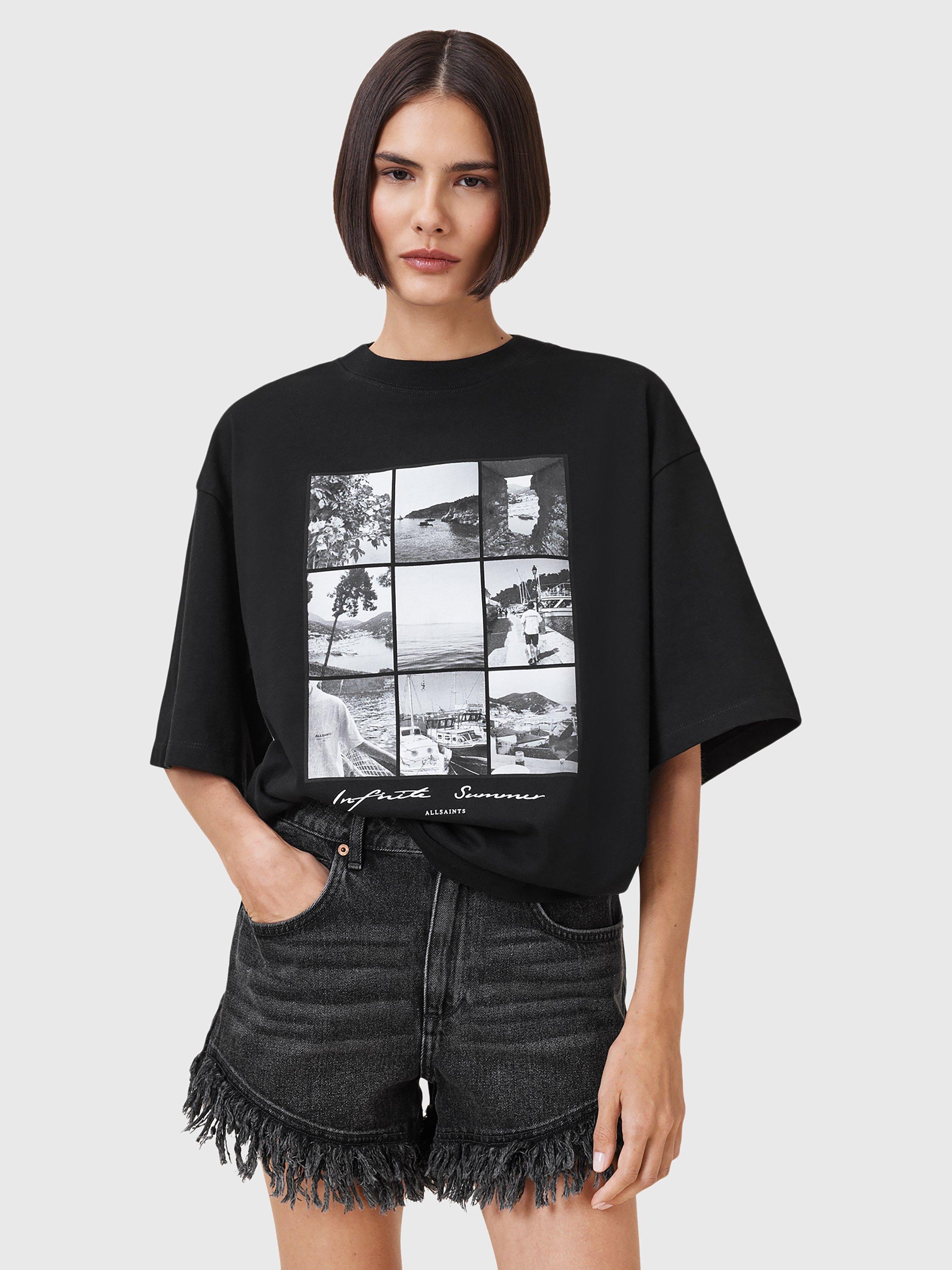 Product image 1 of 8, which shows AllSaints Amelie Photos Pure Organic Cotton T-Shirt, Black, XS