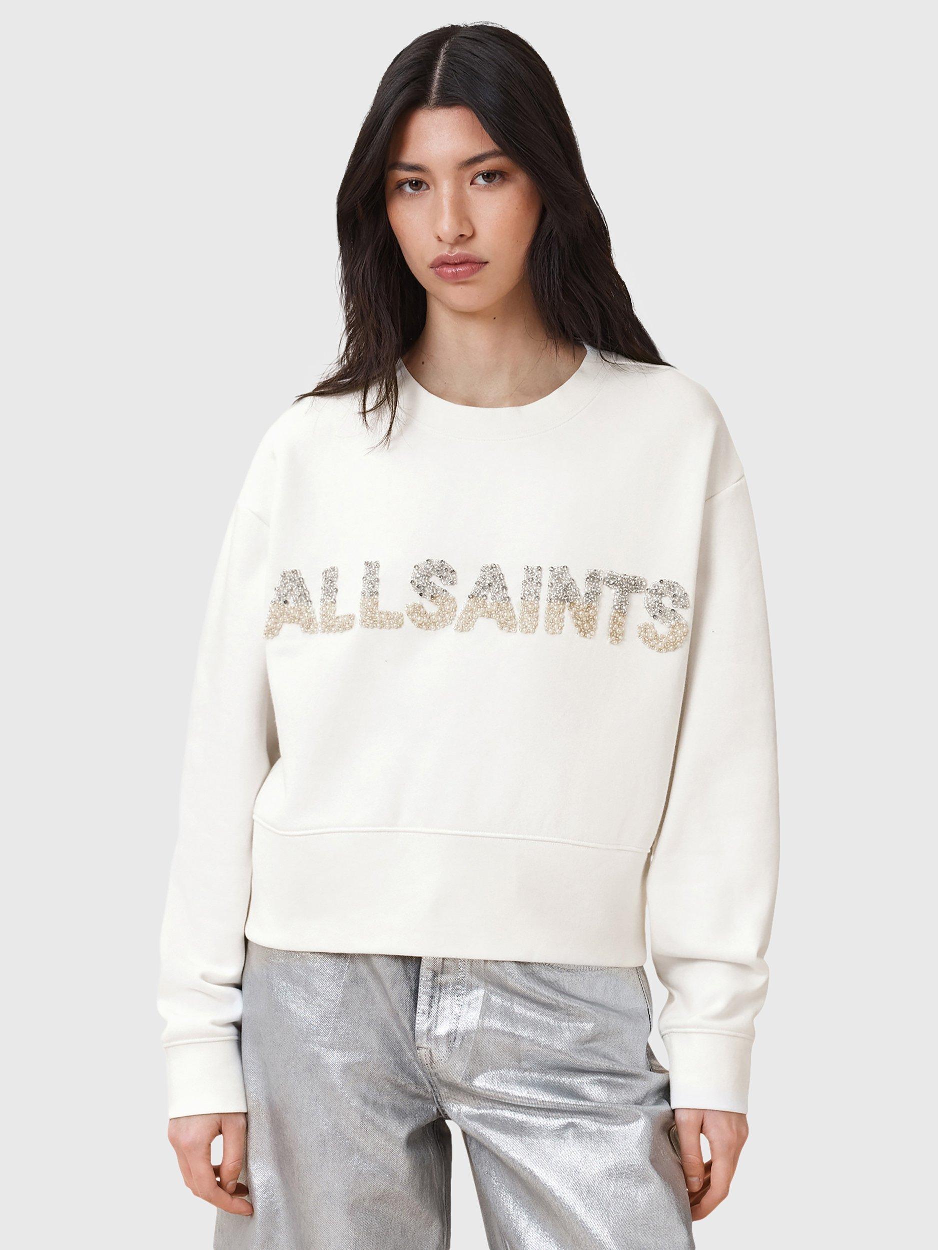 Product image 1 of 8, which shows AllSaints Separo Pearl Logo Sweatshirt, Optic White, L