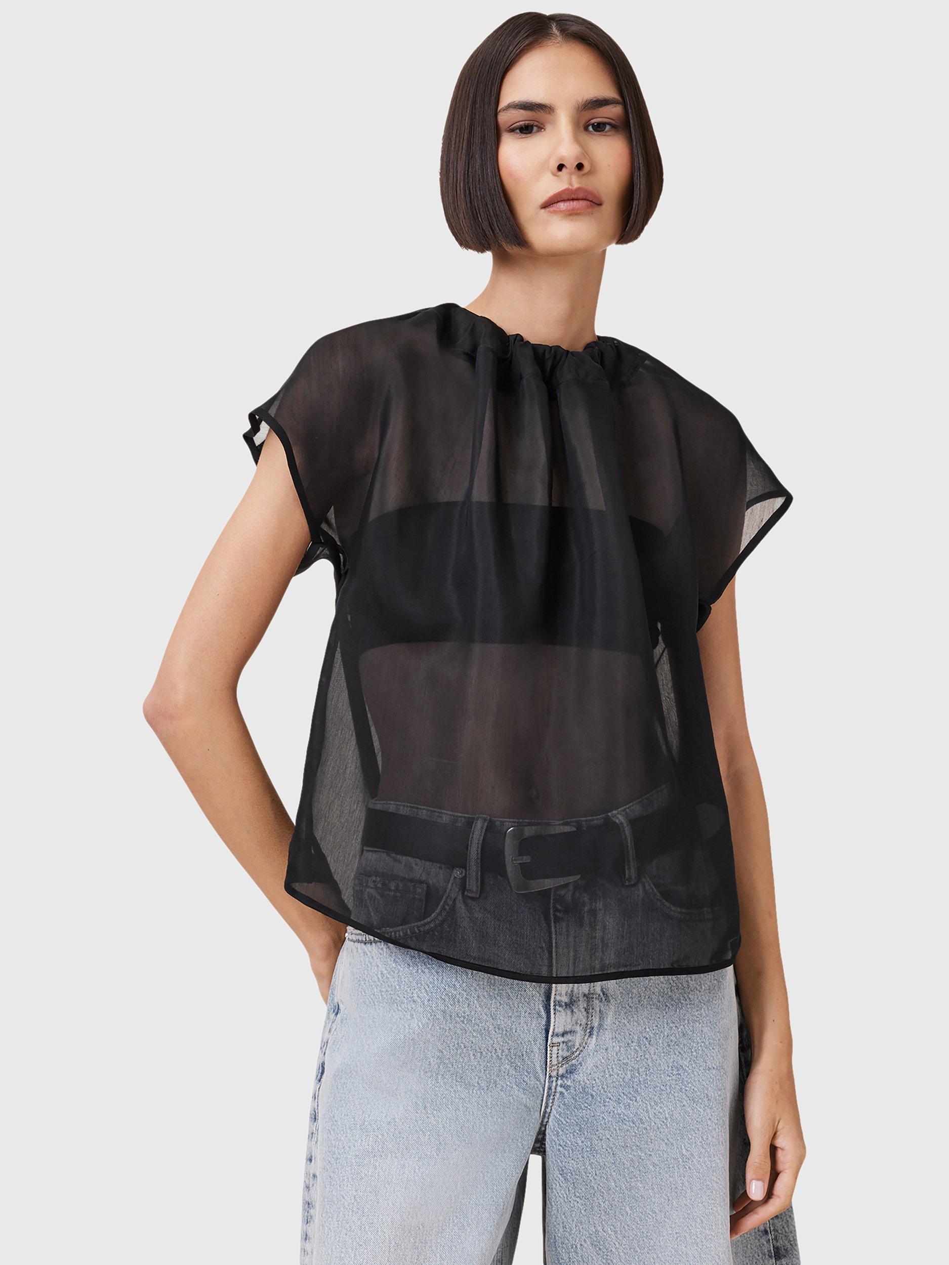 AllSaints Trisha Silk Blend Sheer Top, Black