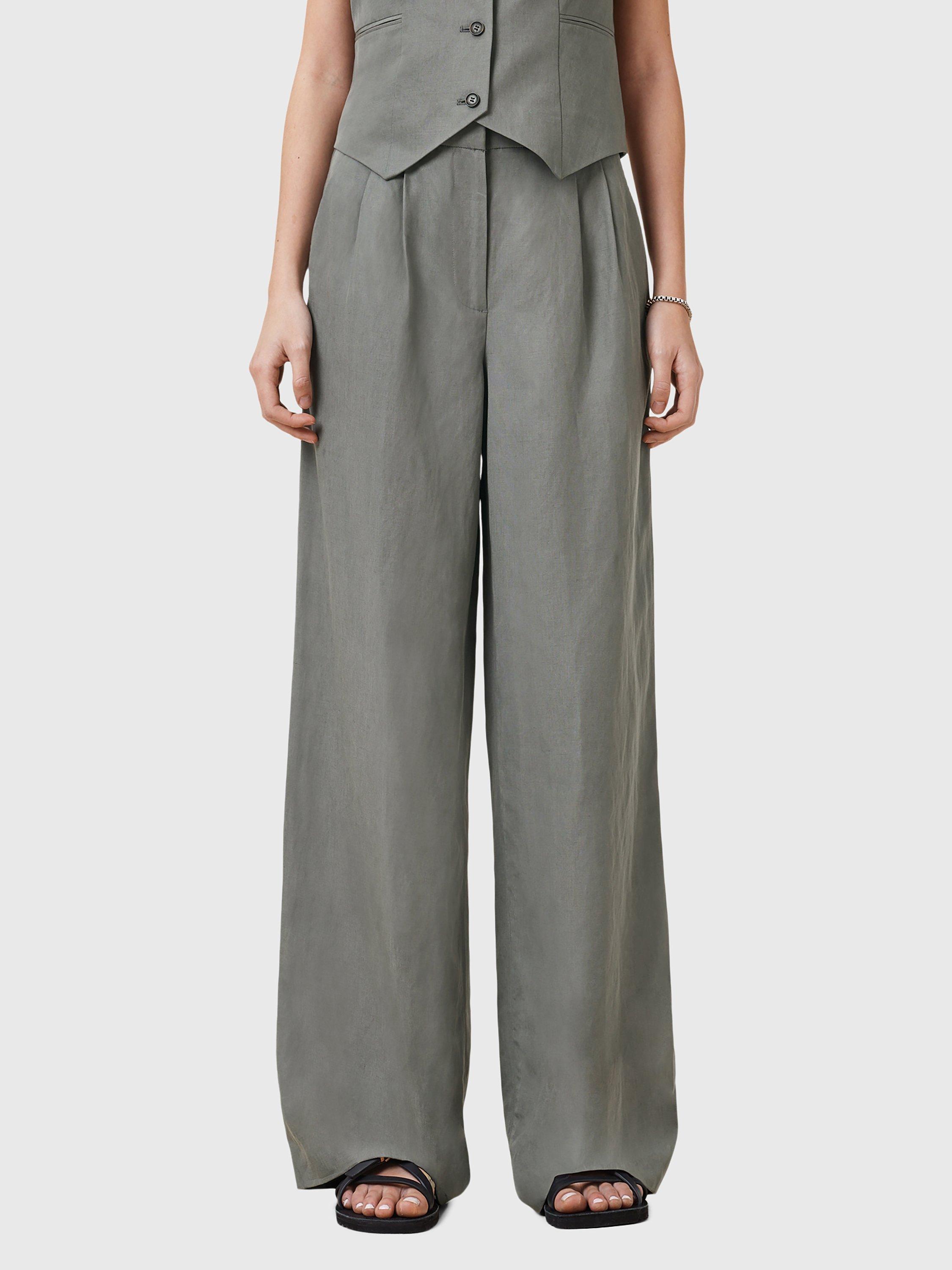 Product image 1 of 8, which shows AllSaints Averie Tailored Wide Leg Trousers, Mid Grey, 10