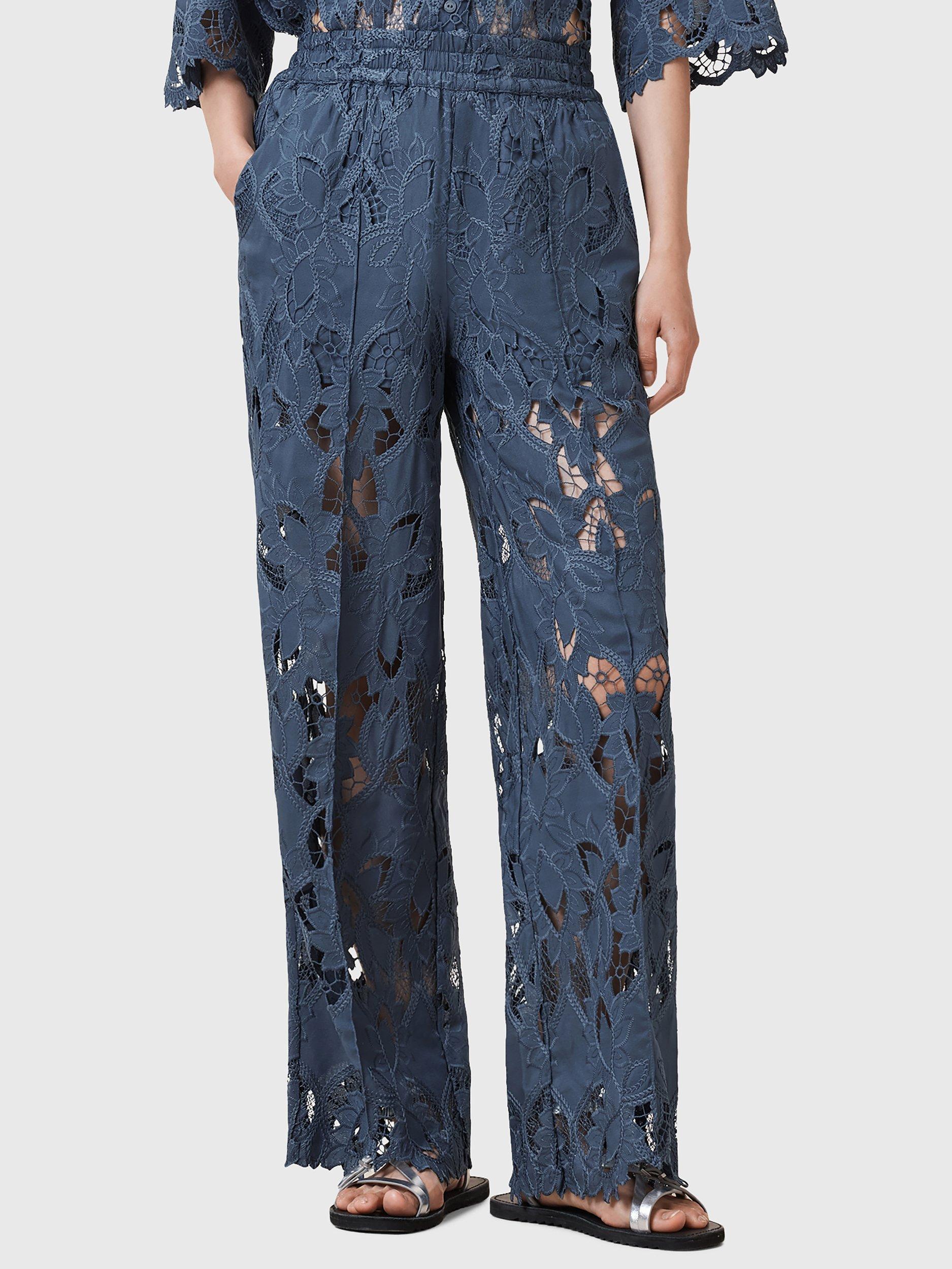 Product image 1 of 8, which shows AllSaints Charli Embroidered Lace Straight Leg Trousers, Dusty Blue, 10