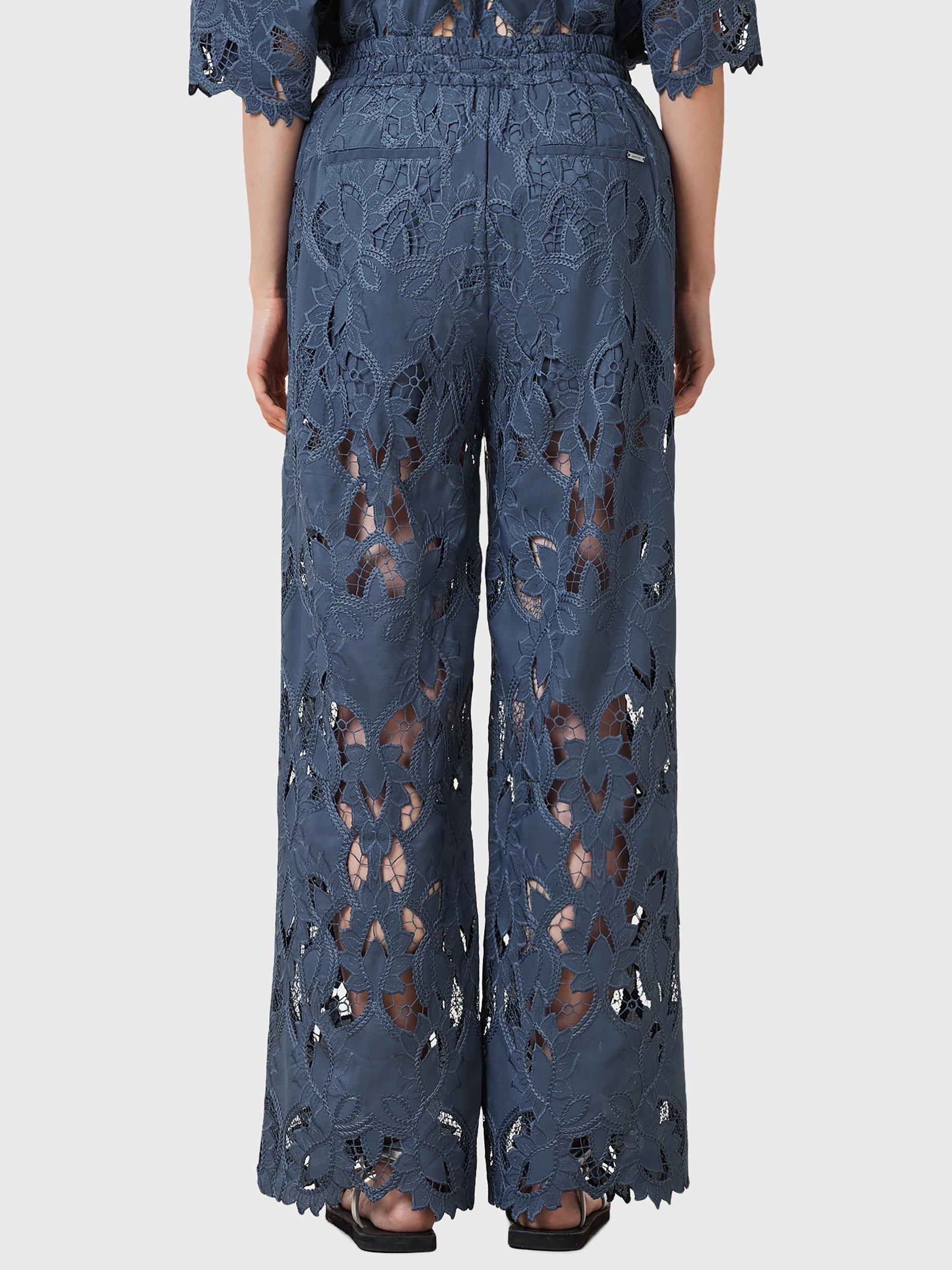 Product image 2 of 8, which shows AllSaints Charli Embroidered Lace Straight Leg Trousers, Dusty Blue, 10