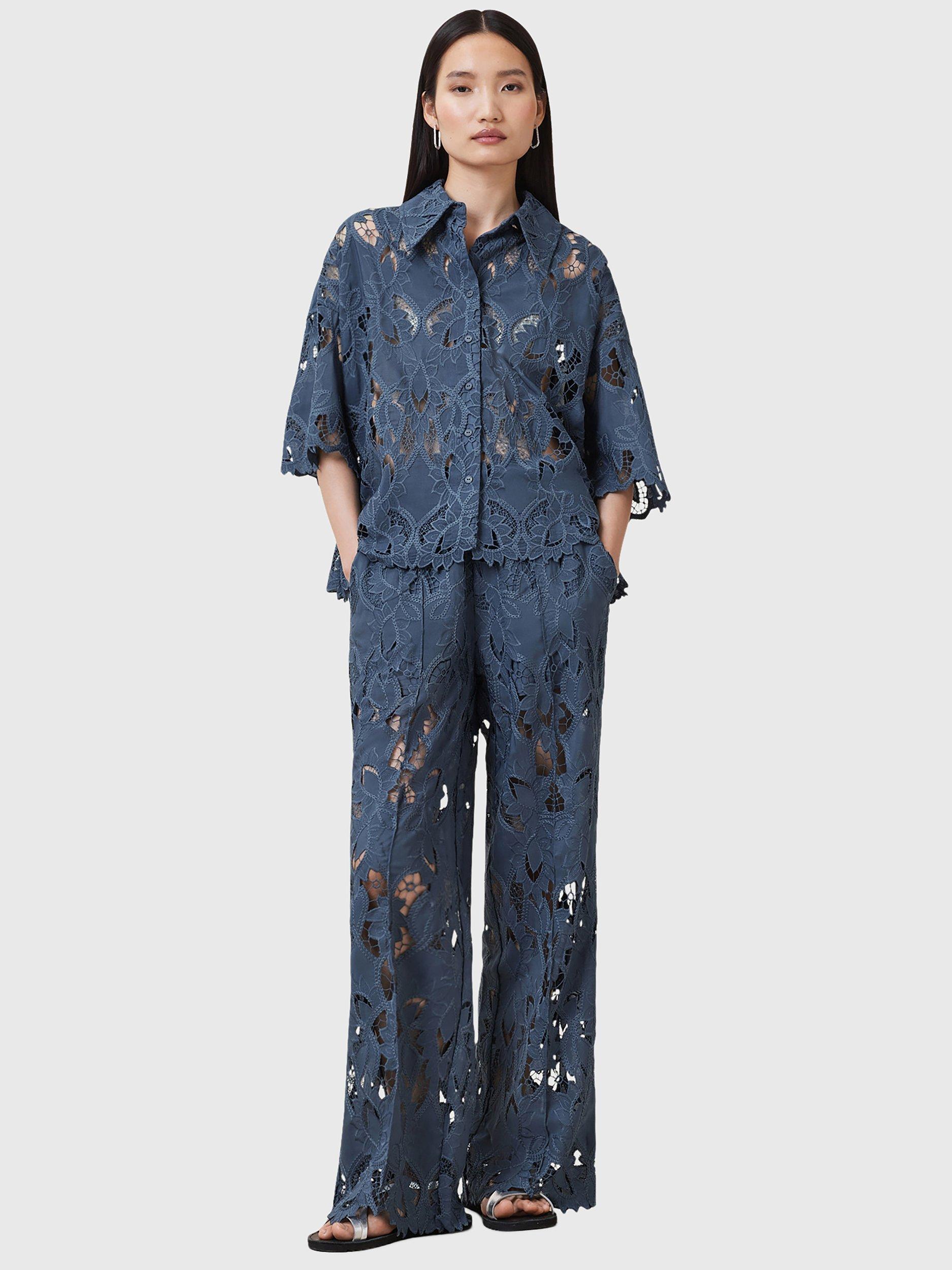 Product image 3 of 8, which shows AllSaints Charli Embroidered Lace Straight Leg Trousers, Dusty Blue, 10