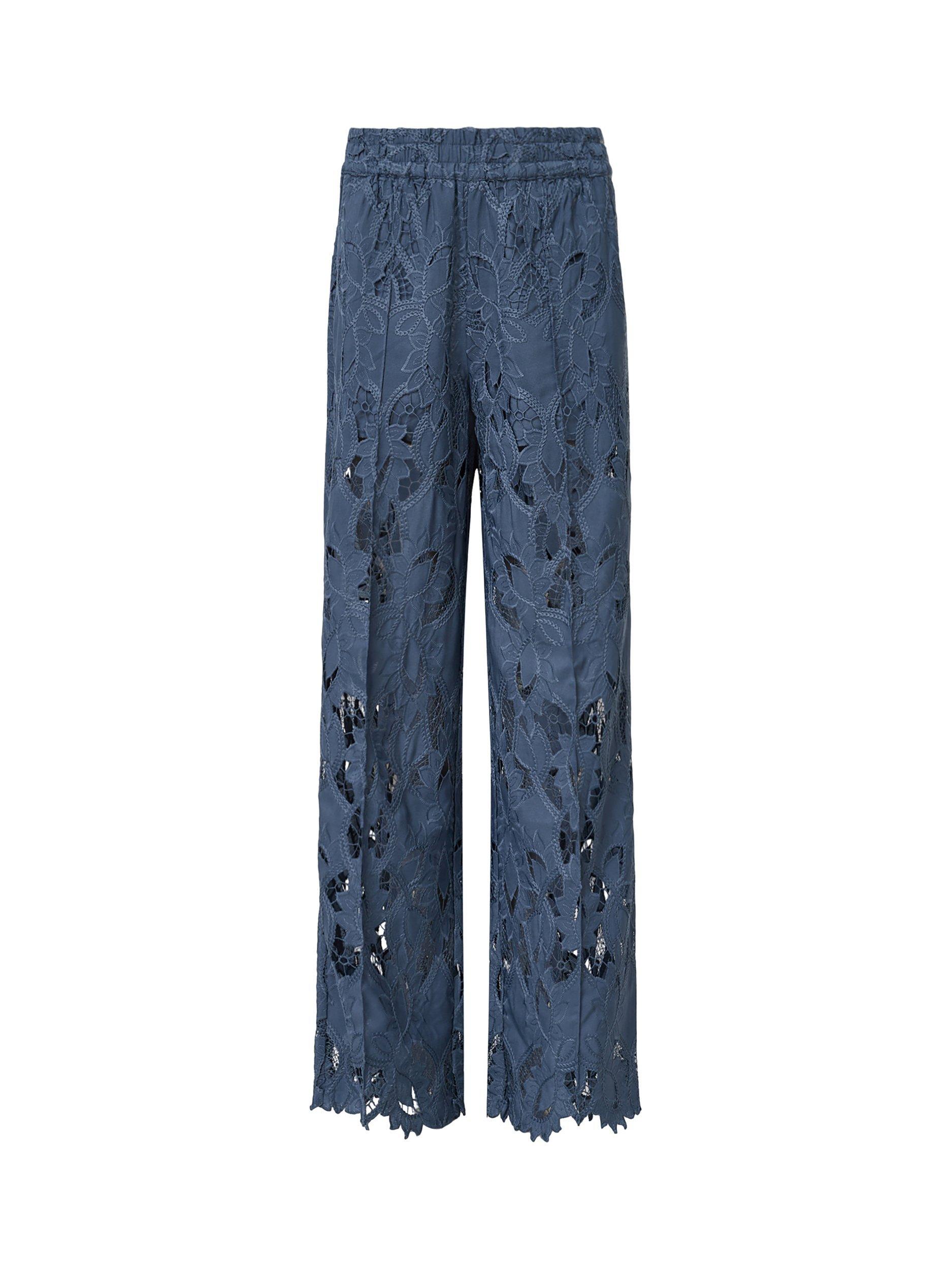 Product image 4 of 8, which shows AllSaints Charli Embroidered Lace Straight Leg Trousers, Dusty Blue, 10