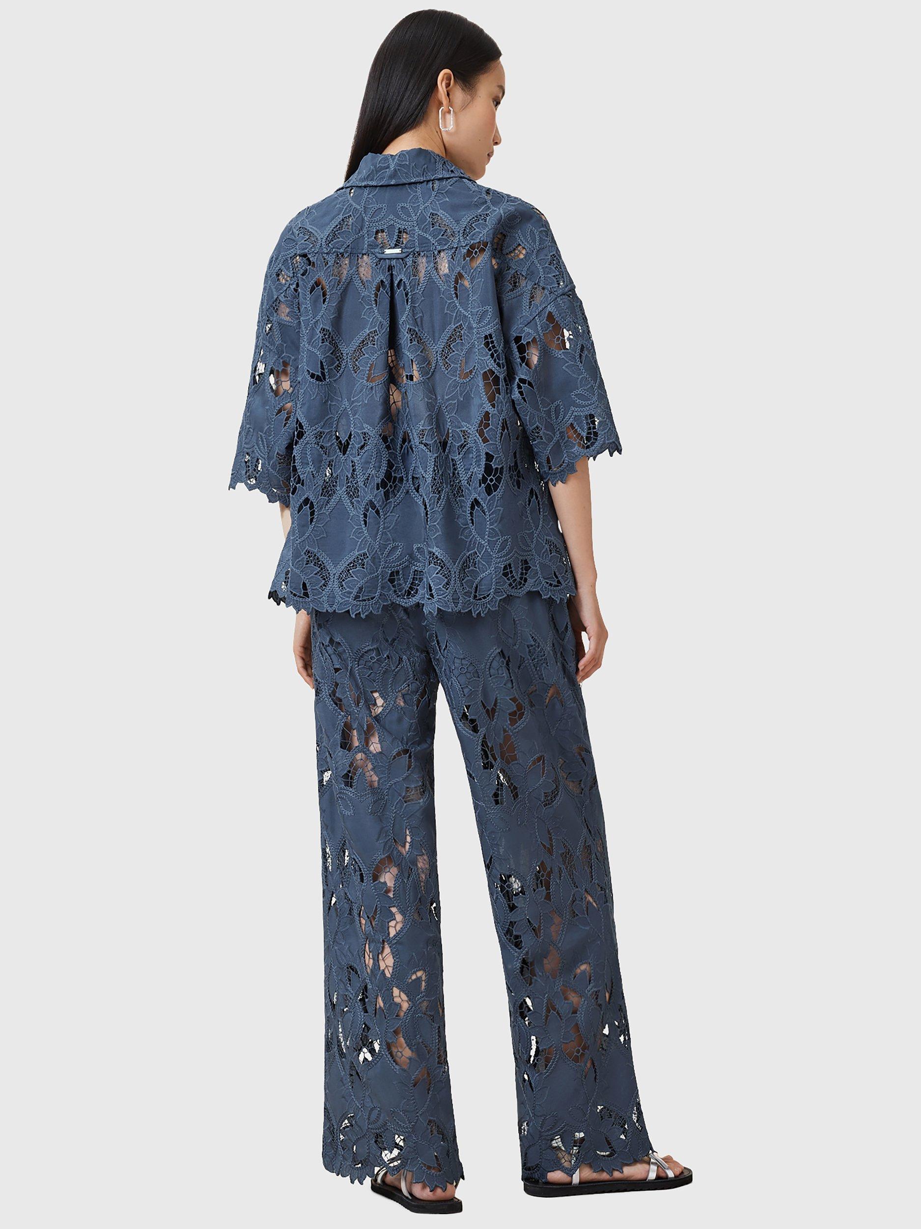 Product image 7 of 8, which shows AllSaints Charli Embroidered Lace Straight Leg Trousers, Dusty Blue, 10