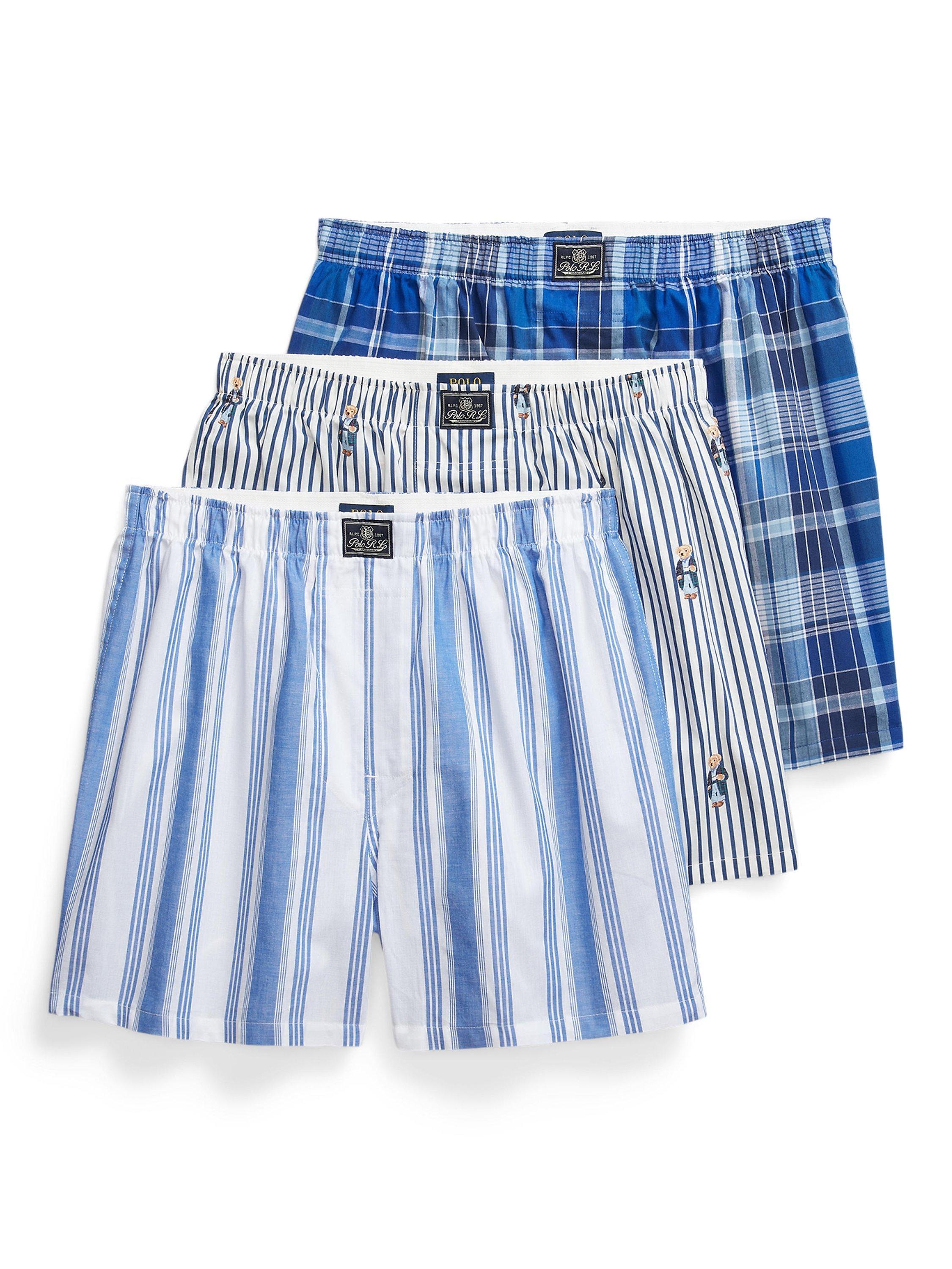 Product image 1 of 1, which shows Ralph Lauren Lightweight Woven Cotton Boxers, Pack of 3, Blue, S