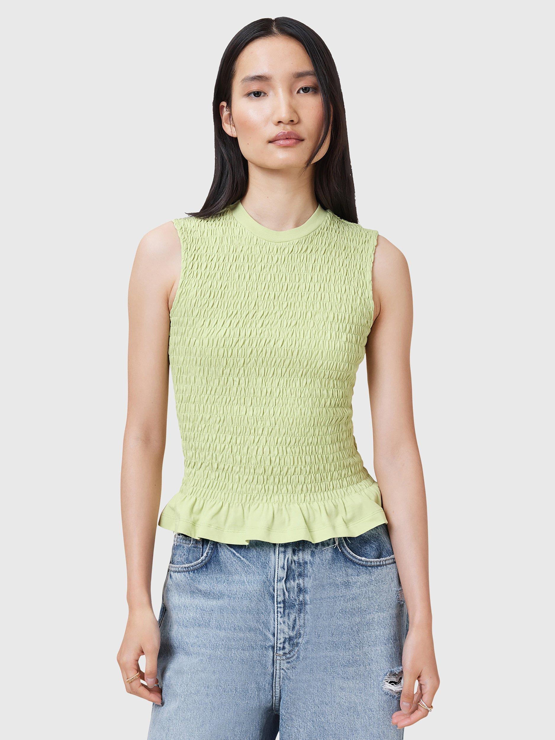 Product image 1 of 6, which shows AllSaintsa Ode Organic Cotton Shirred Tank Top, Jade Green, 10