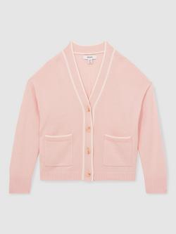 Reiss Kids' Juni Wool Cashmere Blend Contrast Tipped Cardigan, Pink/White