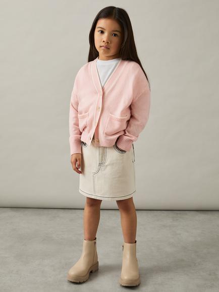Reiss Kids' Juni Wool Cashmere Blend Contrast Tipped Cardigan - view 2, Pink/White