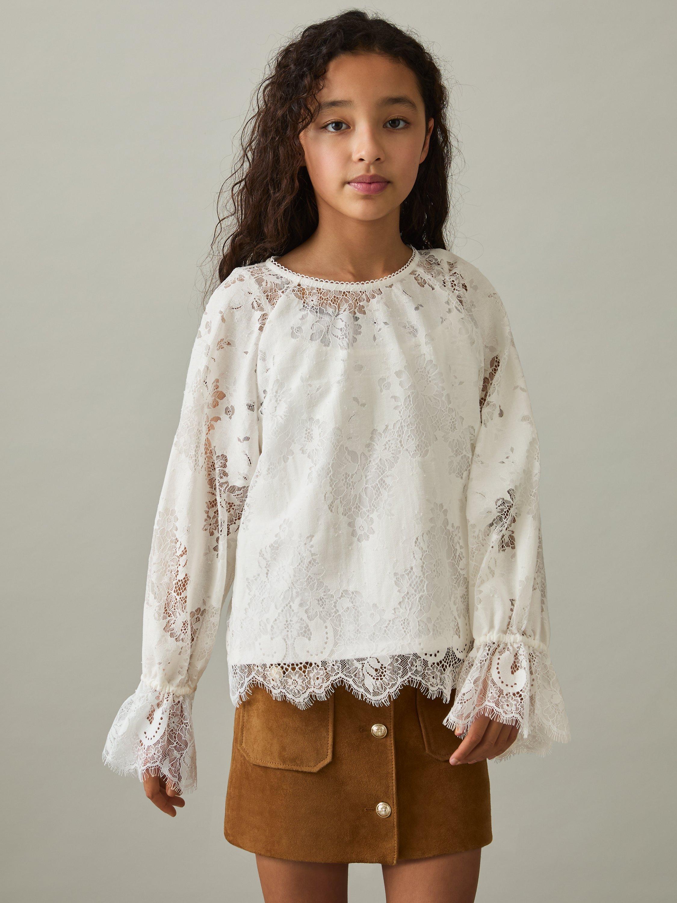 Product image 2 of 4, which shows Reiss Kids' Emilia Lace Blouse, Ivory, 7-8 years