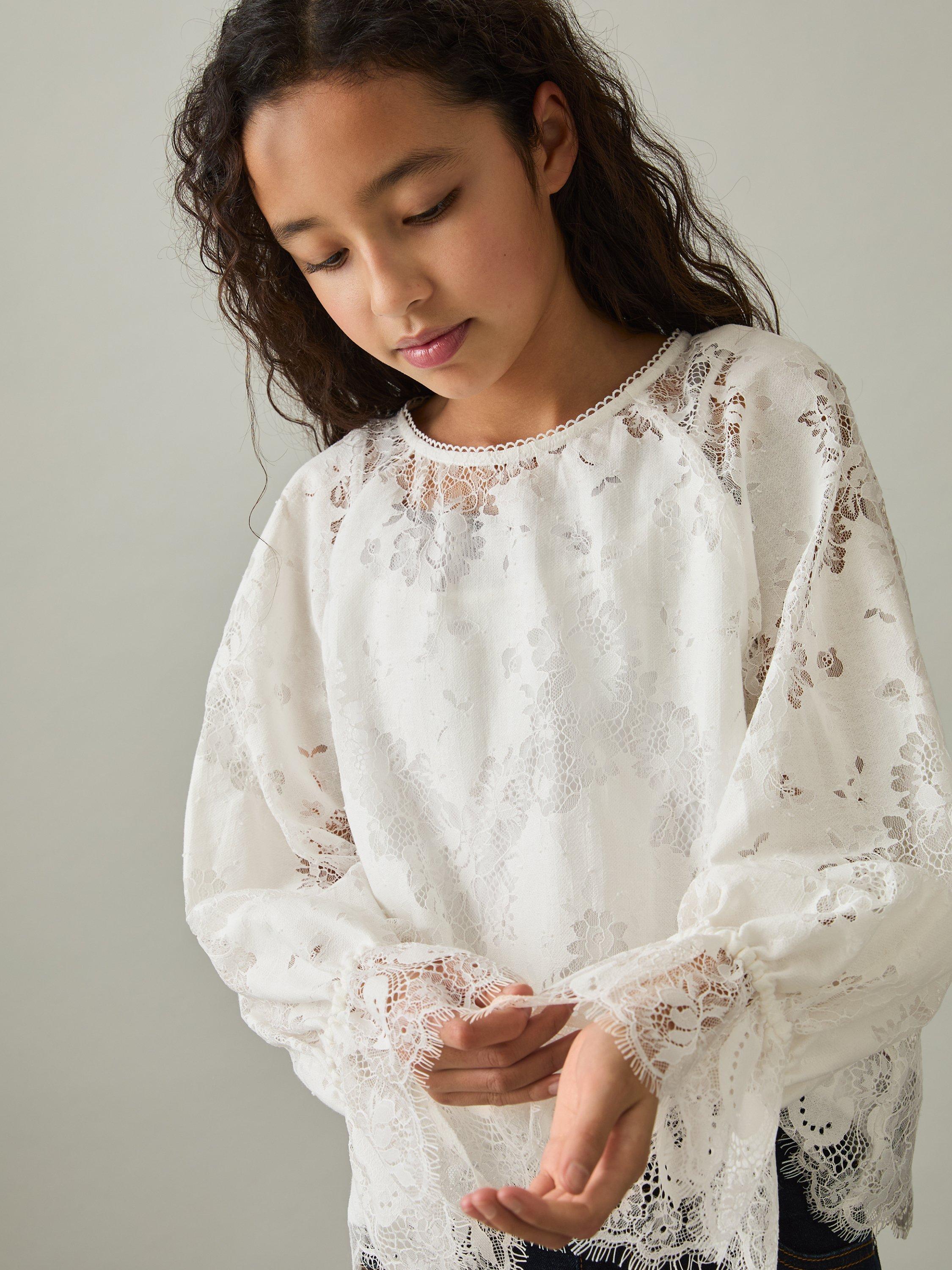 Product image 3 of 4, which shows Reiss Kids' Emilia Lace Blouse, Ivory, 7-8 years