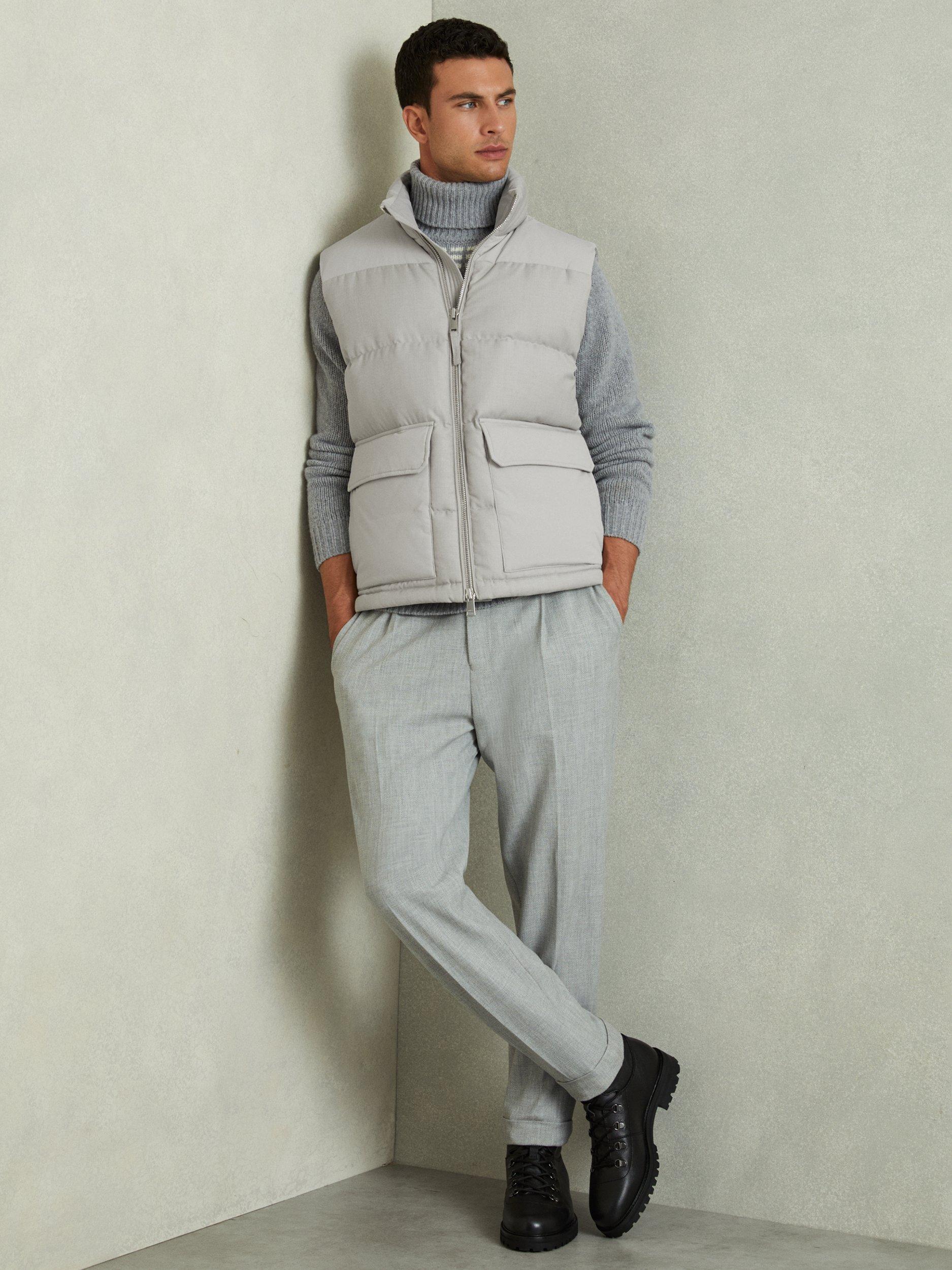 Product image 1 of 5, which shows Reiss Dante Patch Pocket Quilted Gilet, Grey, XS