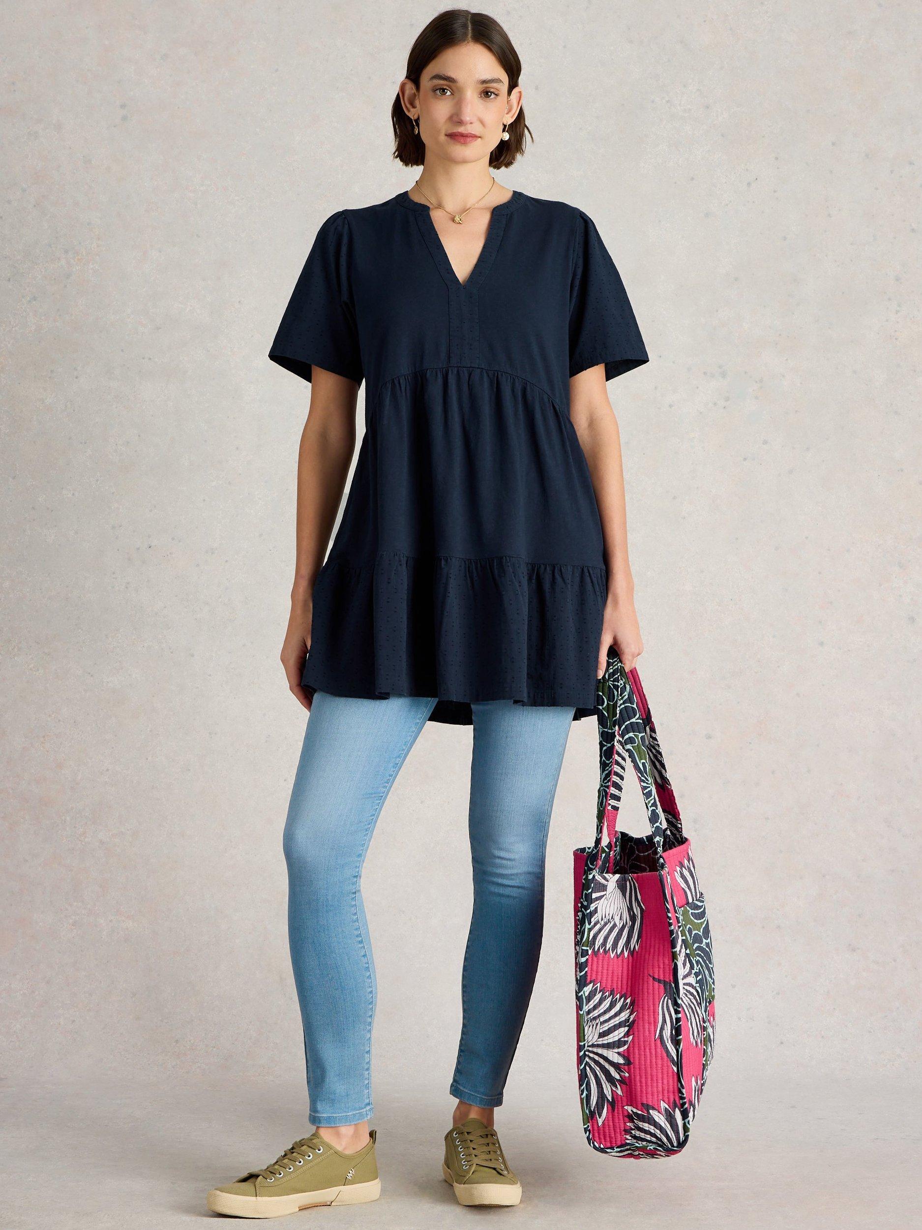 Product image 1 of 4, which shows White Stuff Maria Pure Organic Cotton Tunic Top, Navy, 14