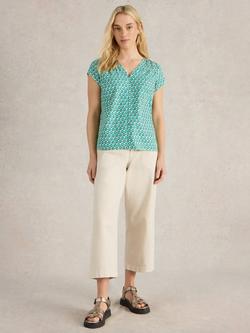 White Stuff Rae Abstract Organic Cotton V-Neck Top, Mid Green, Mid Green