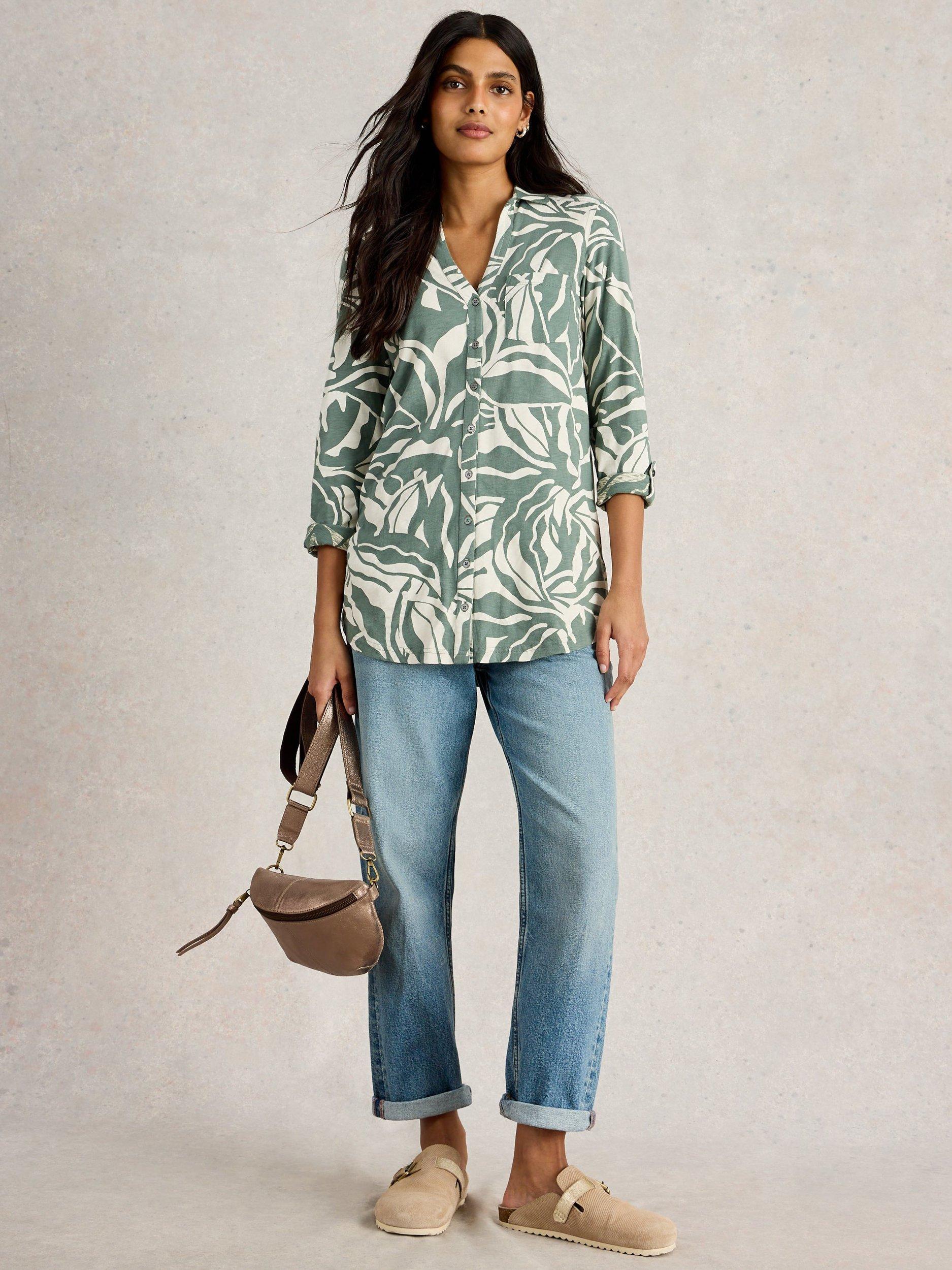 Product image 1 of 6, which shows White Stuff Annie Leaf Print Shirt, Mid Green, 6