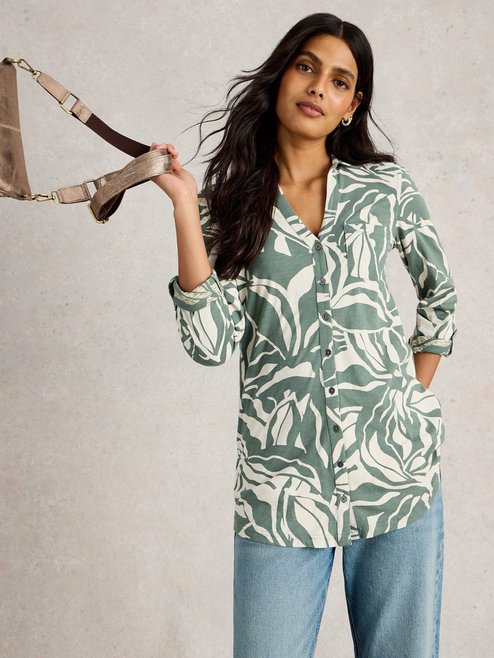 Product image 4 of 6, which shows White Stuff Annie Leaf Print Shirt, Mid Green, 6