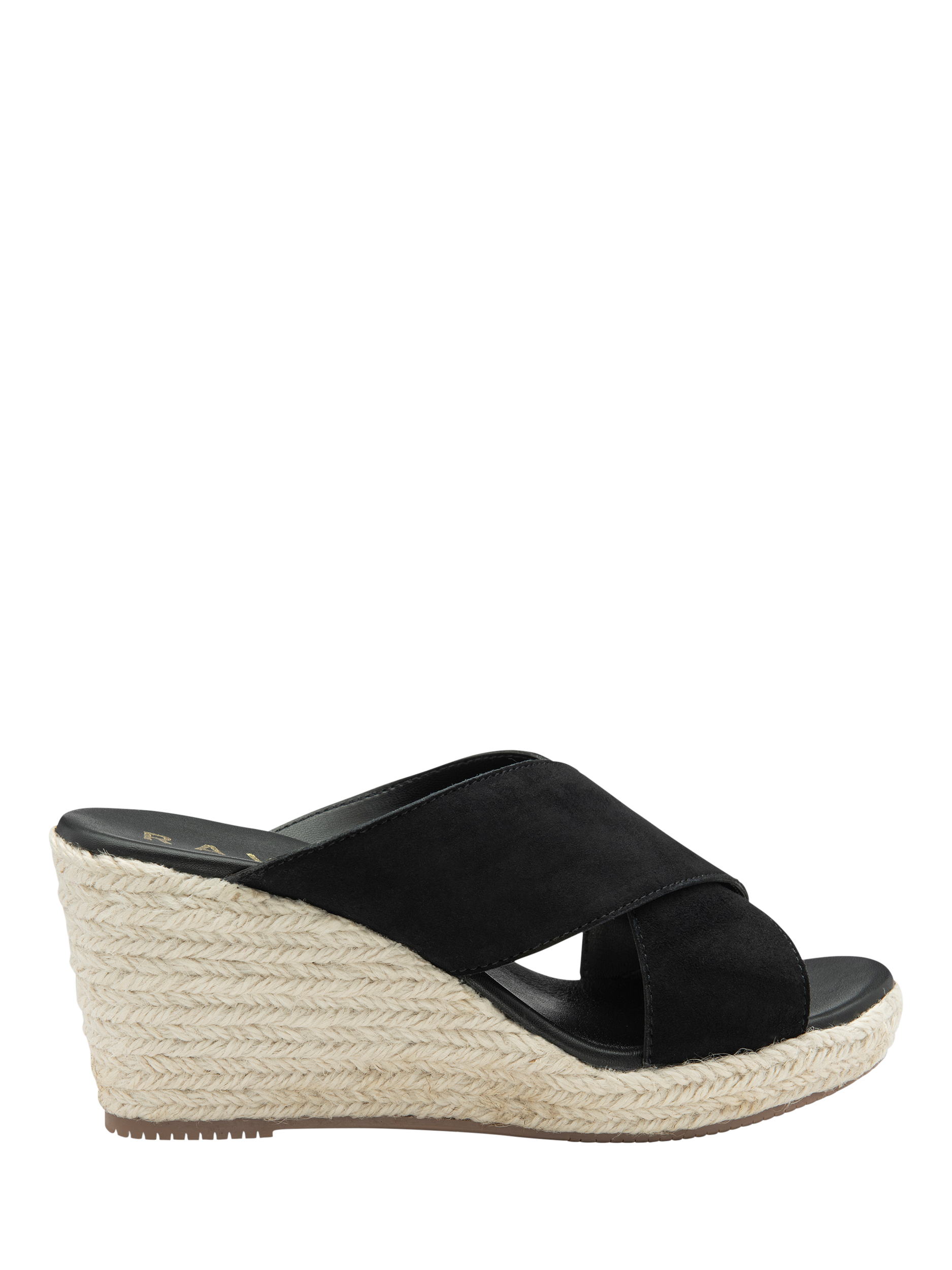 Product image 1 of 4, which shows Ravel Morley Suede Wedge Heeled Mule Sandals, Black, 3