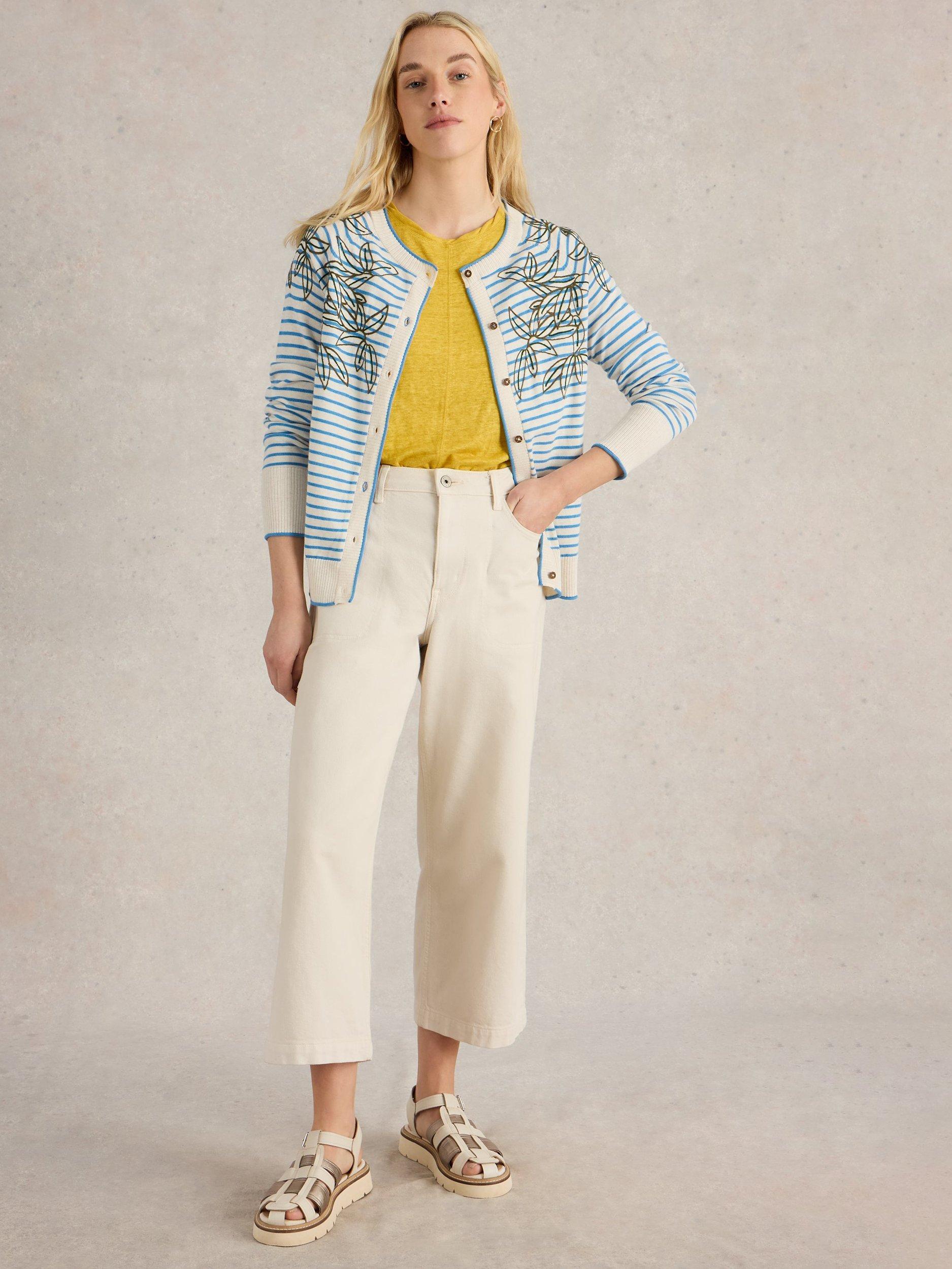 White Stuff Lulu Leaf Embroidered Stripe Organic Cotton Cardigan, Ivory/Multi