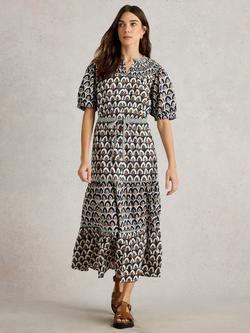White Stuff Ariel Abstract Tiered Midi Dress, Navy/Multi, Navy/Multi