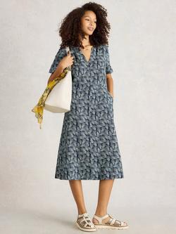 White Stuff Iris Abstract Floral Pure Linen Dress, Navy/Multi, Navy/Multi