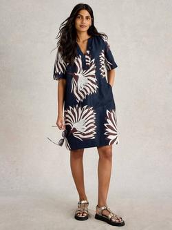 White Stuff June Floral Pure Linen Dress, Navy Pr, Navy Pr