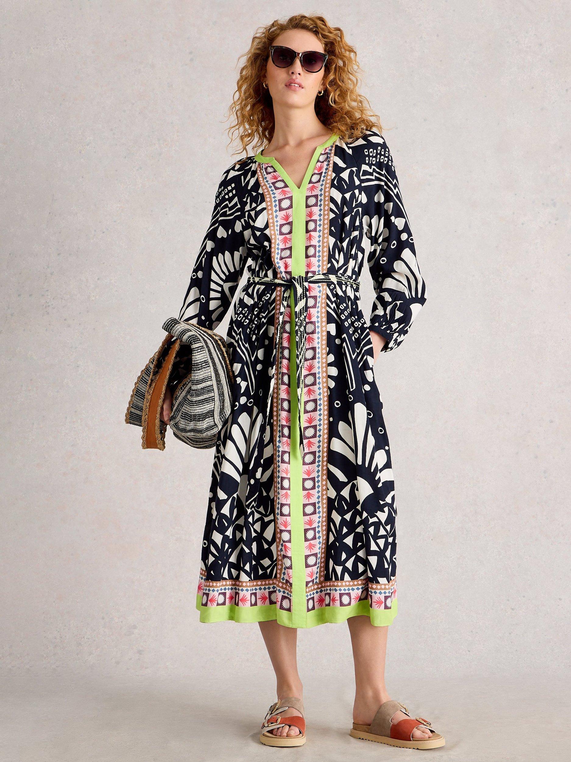Product image 1 of 6, which shows White Stuff Liv Tie Waist Midi Dress, Navy/Multi, 10