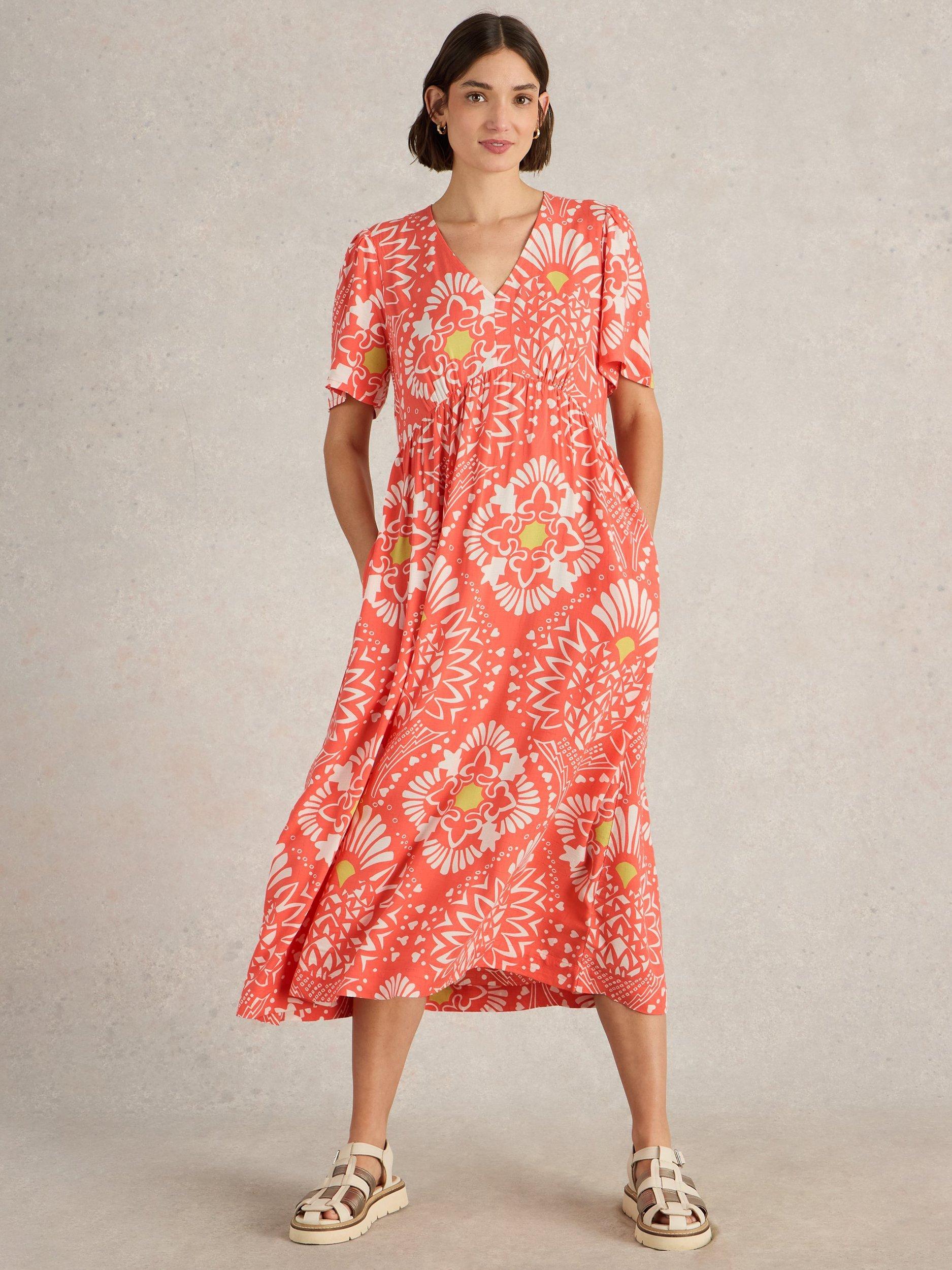 Product image 1 of 6, which shows White Stuff Lucy Floral V-Neck Midi Dress, Orange, 8