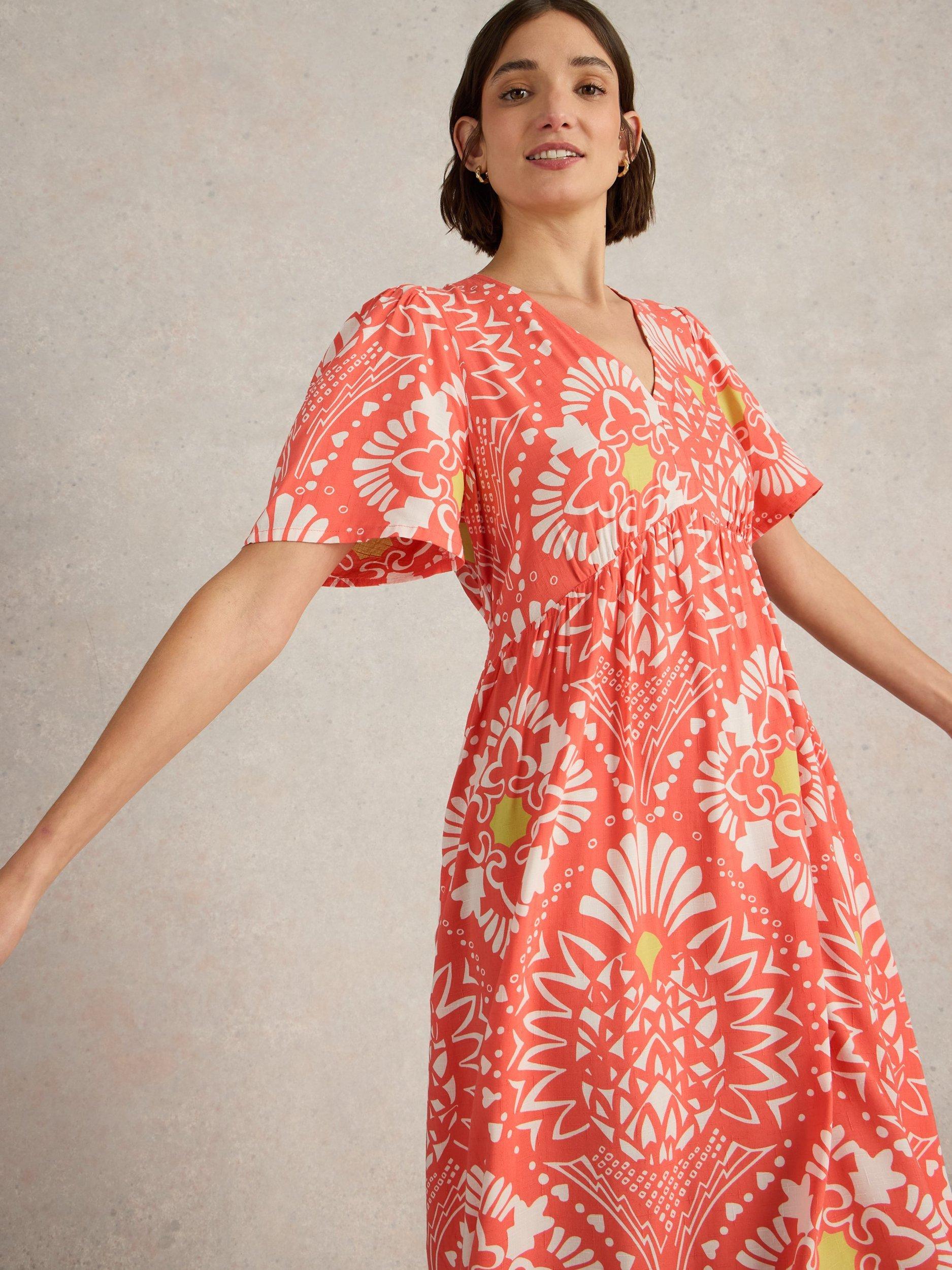Product image 3 of 6, which shows White Stuff Lucy Floral V-Neck Midi Dress, Orange, 8