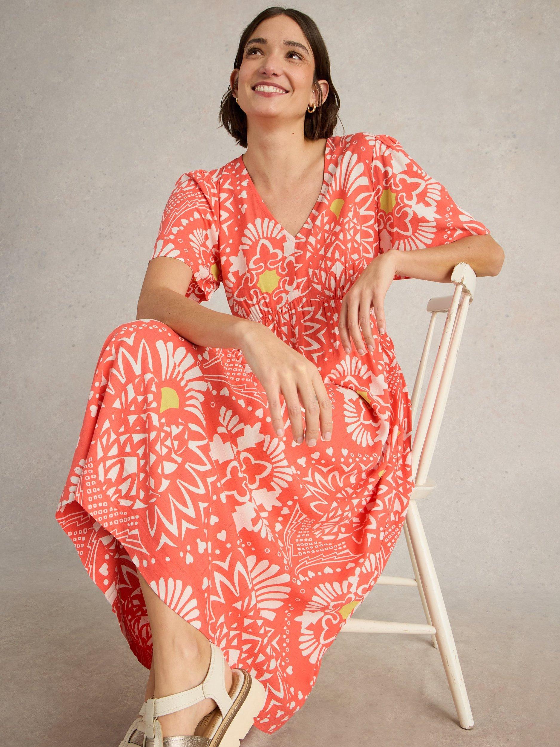 Product image 4 of 6, which shows White Stuff Lucy Floral V-Neck Midi Dress, Orange, 8