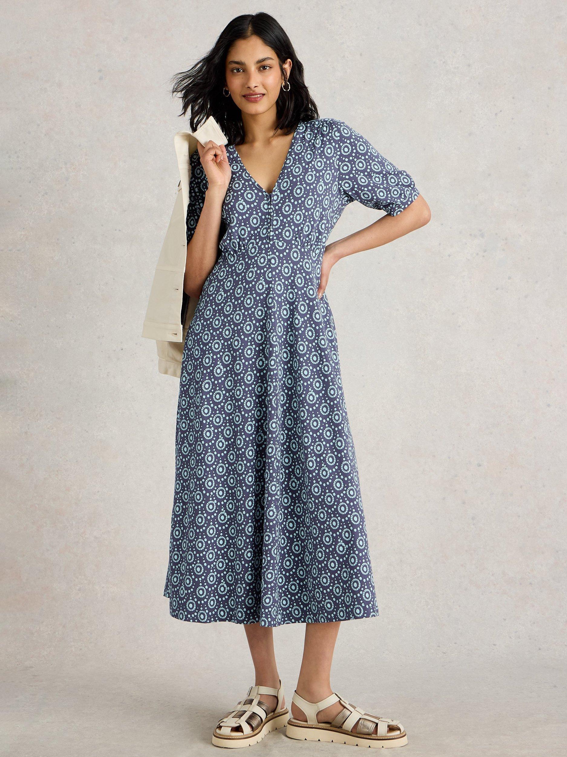 Product image 1 of 6, which shows White Stuff Megan Abstract Organic Cotton Blend Dress, Navy/Multi, 6