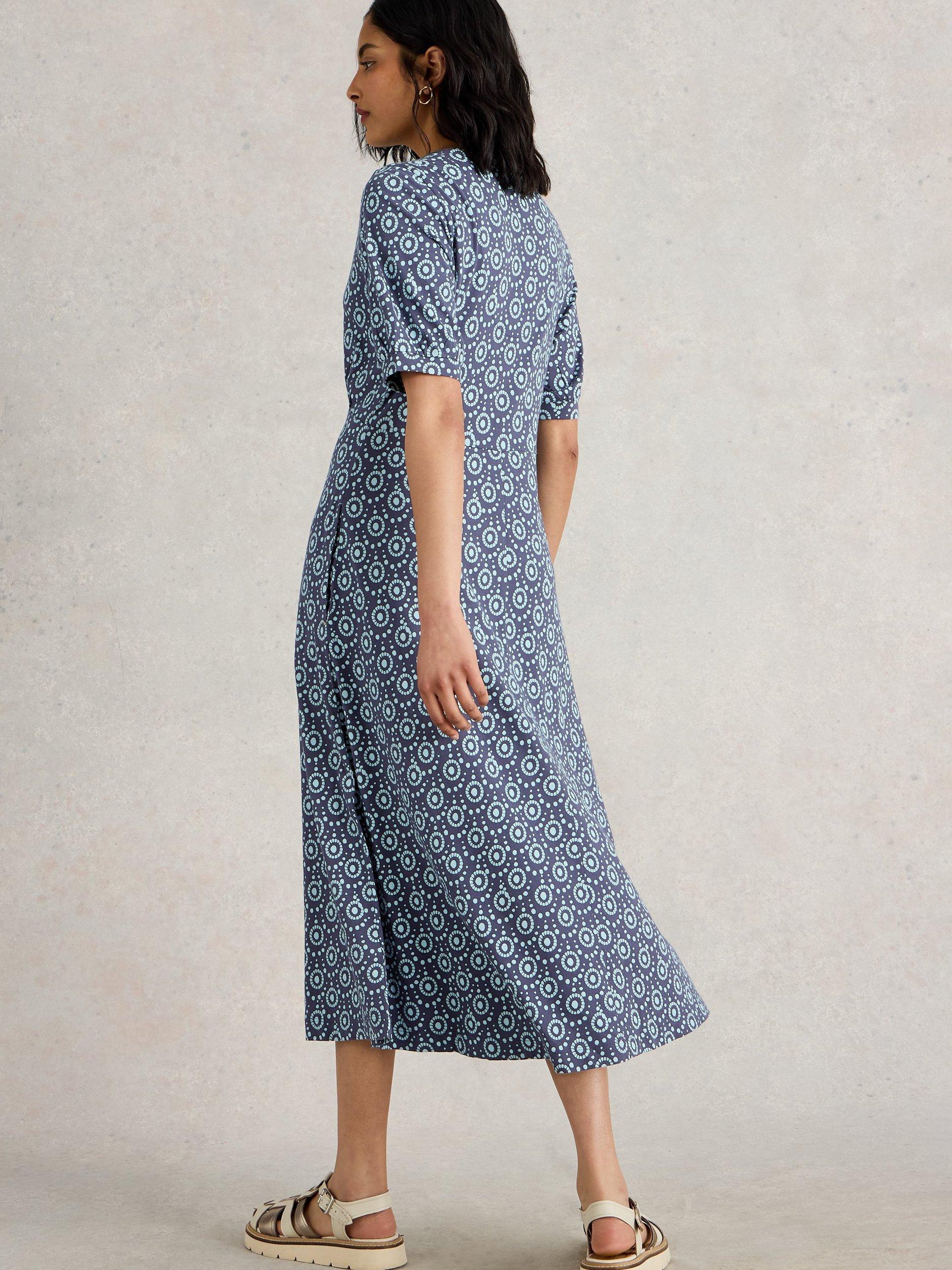 Product image 2 of 6, which shows White Stuff Megan Abstract Organic Cotton Blend Dress, Navy/Multi, 6