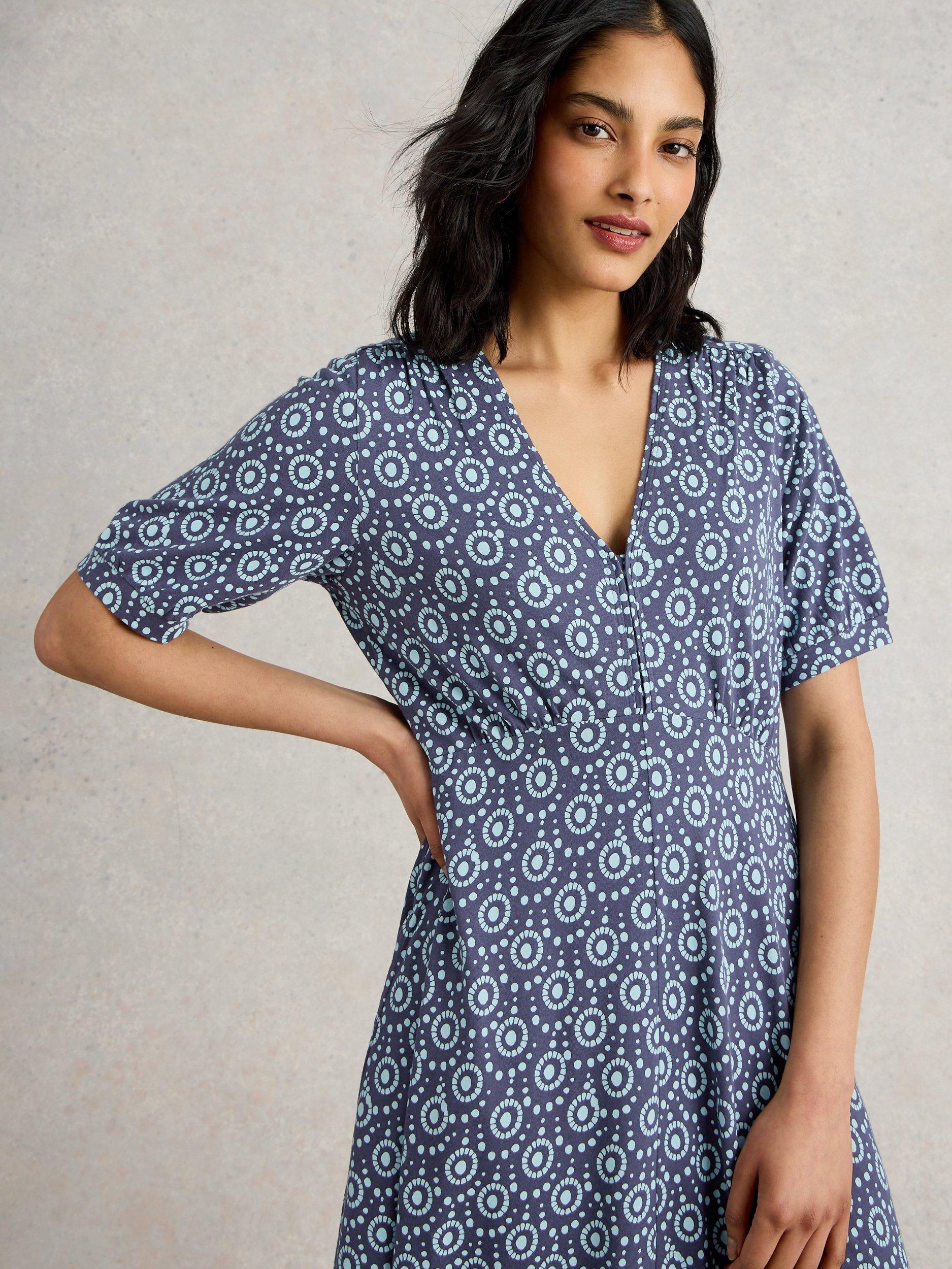 Product image 3 of 6, which shows White Stuff Megan Abstract Organic Cotton Blend Dress, Navy/Multi, 6