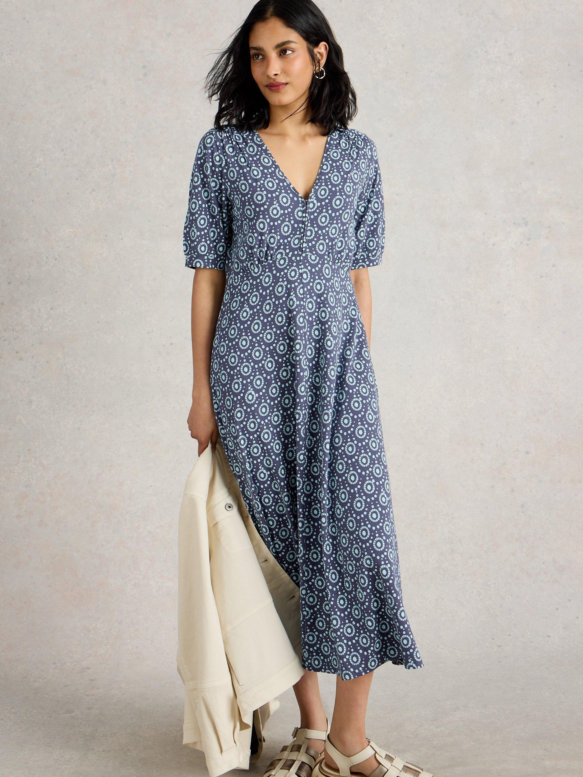 Product image 4 of 6, which shows White Stuff Megan Abstract Organic Cotton Blend Dress, Navy/Multi, 6